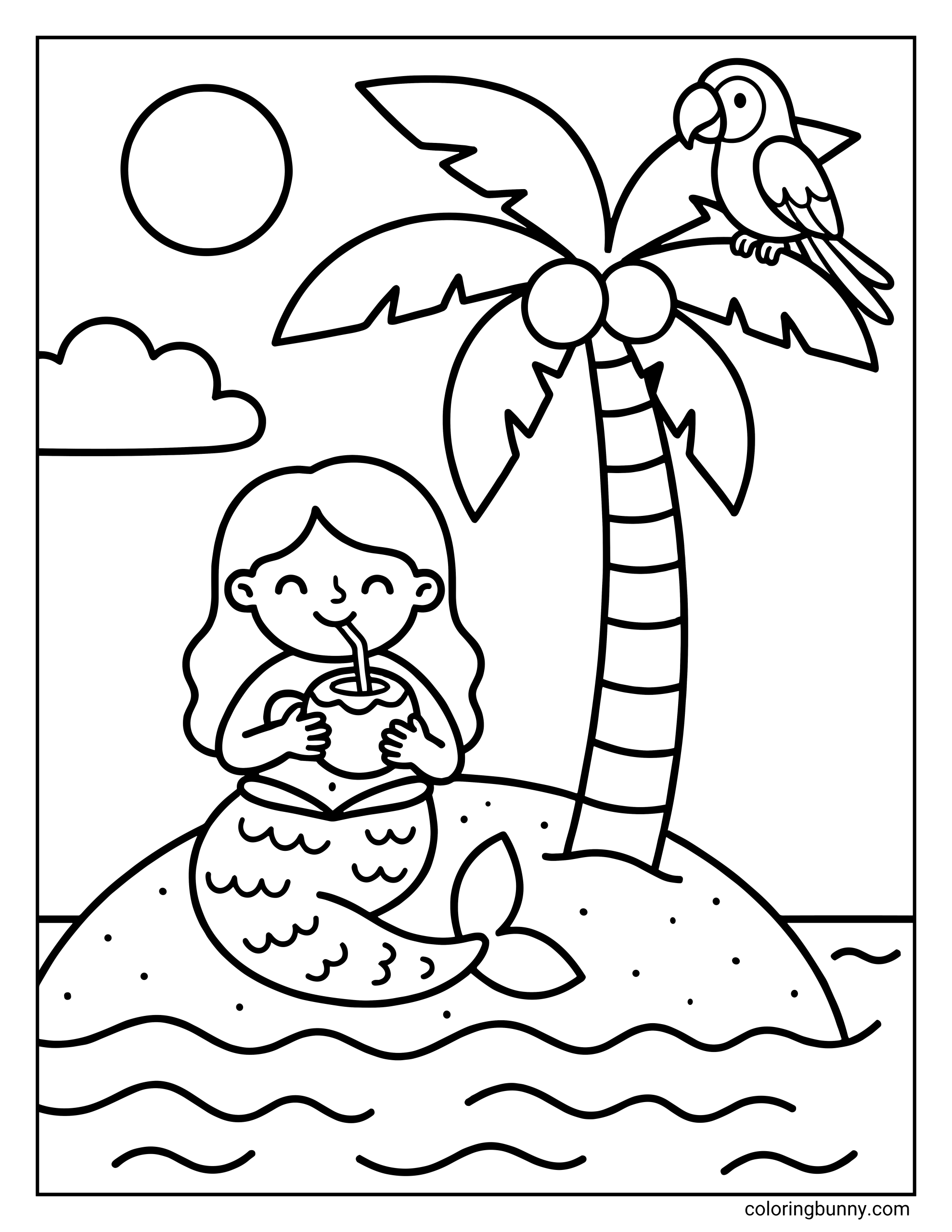 A coloring page of a mermaid sitting on a small island with a palm tree, drinking from a coconut with a straw while a parrot perches on a branch above her under a sunny sky.