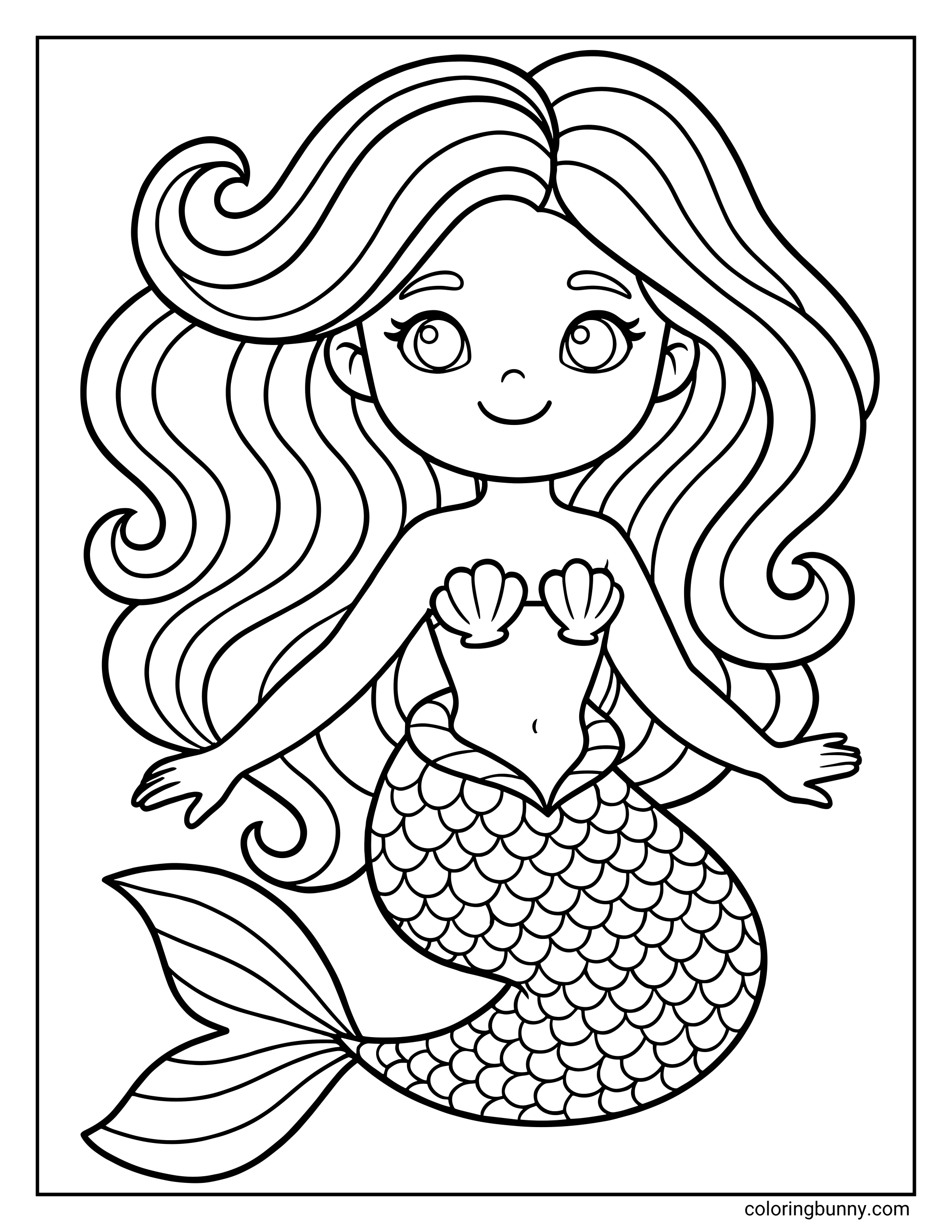 A coloring page showing a happy mermaid with voluminous wavy hair and a seashell top, floating gracefully with no background.