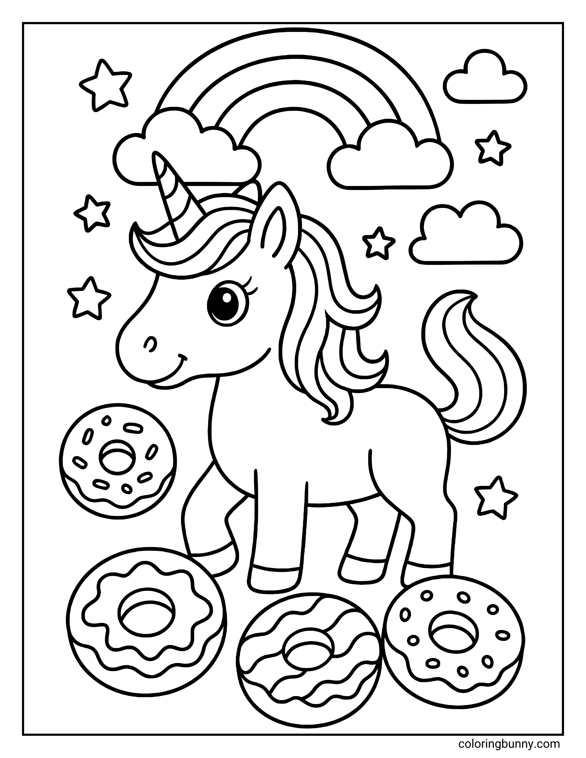 A coloring page of a cute unicorn standing amongst four large donuts with frosting and sprinkles. The background features a rainbow connecting two clouds and several floating stars.