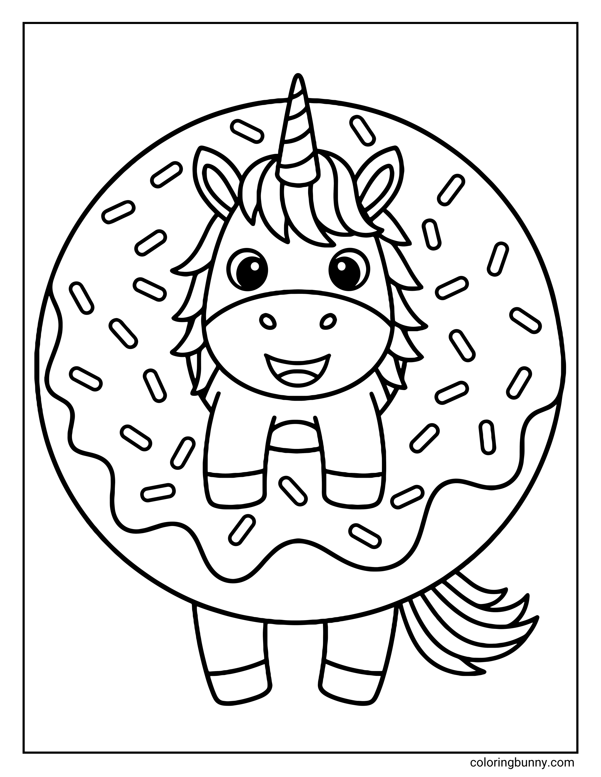 A coloring page of a happy unicorn hanging through the center of a giant frosted donut covered in sprinkles.