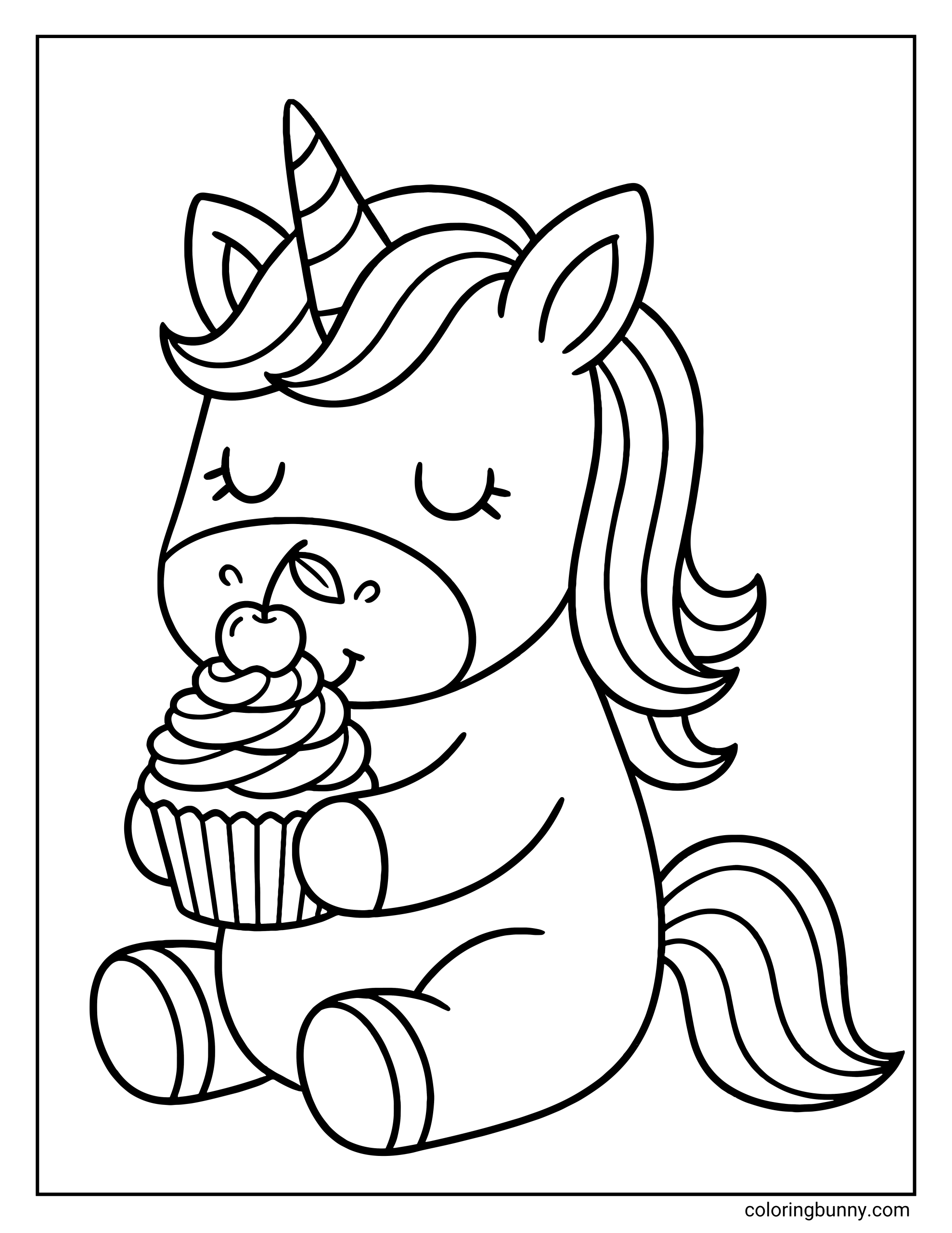 A cute coloring page of a sitting unicorn holding a cupcake with swirled frosting and a cherry on top. The pony has closed eyes and a gentle smile.