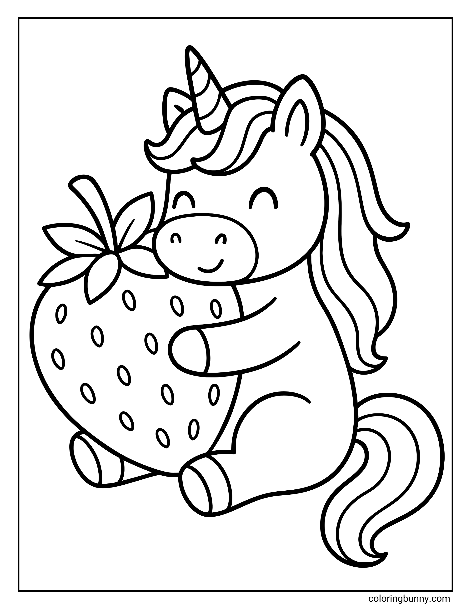 A coloring page of a cute unicorn hugging a large strawberry with both hooves, surrounded by floating fruits like bananas, apples, cherries, grapes, watermelon, and a lemon.