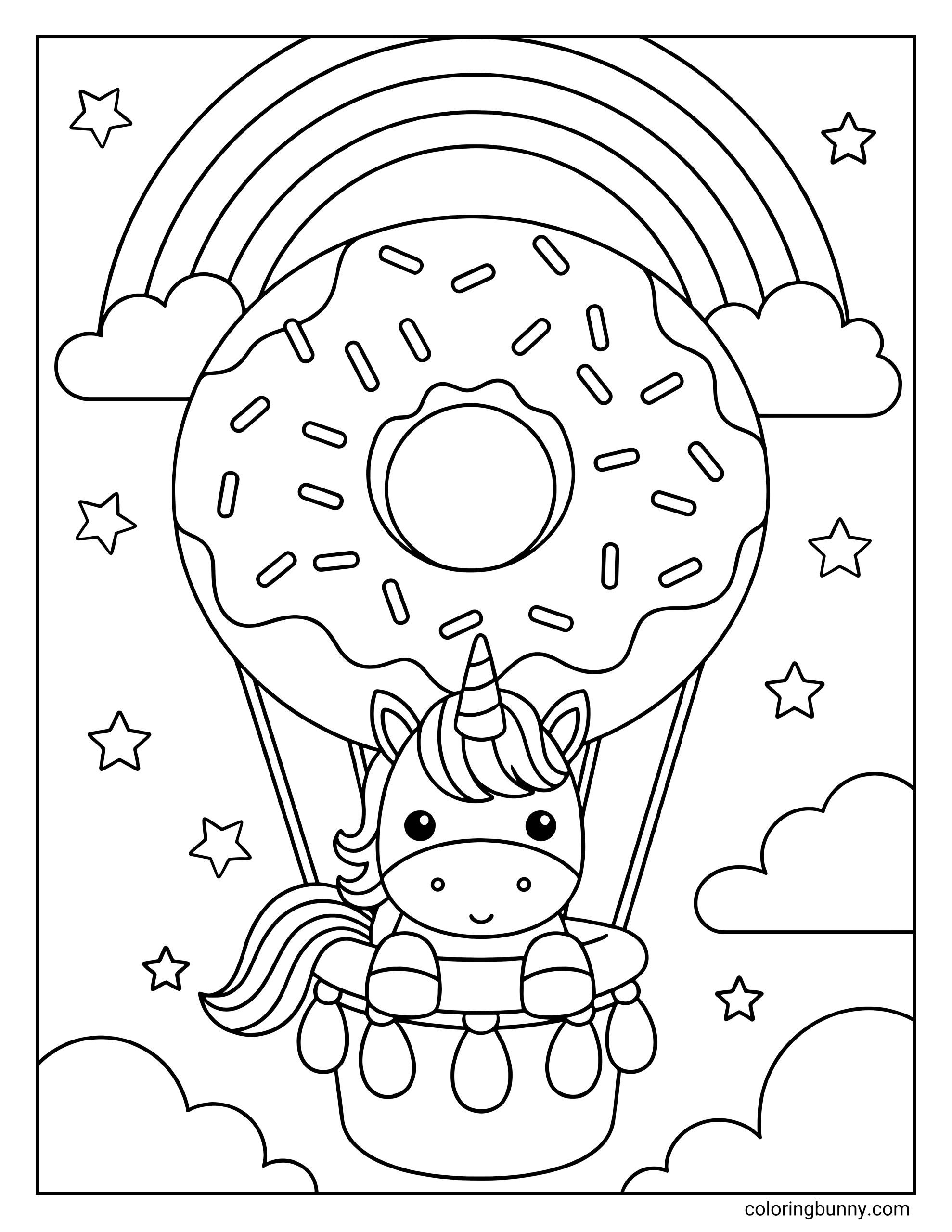 A cute unicorn coloring page featuring a baby pony riding in a hot air balloon shaped like a giant donut with sprinkles. The whimsical scene is decorated with a rainbow, fluffy clouds, and twinkling stars.