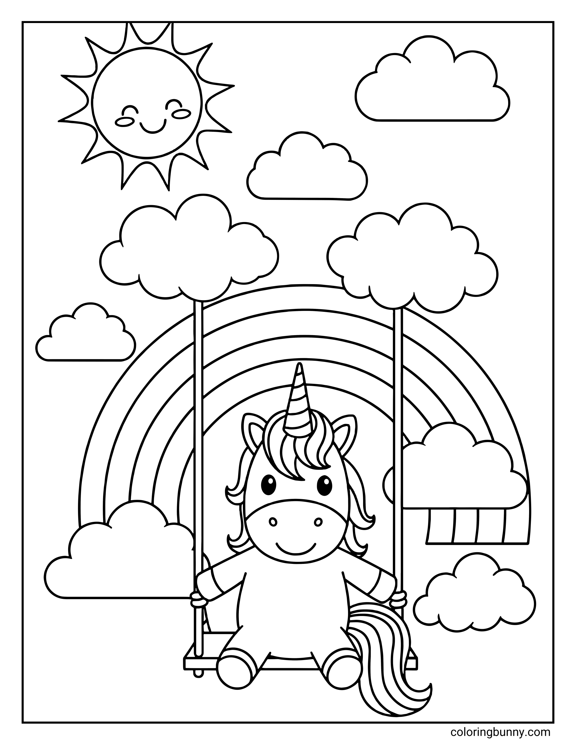A fun coloring page of a cute unicorn sitting on a swing suspended from two clouds. The background features a large rainbow, a smiling sun, and fluffy clouds.