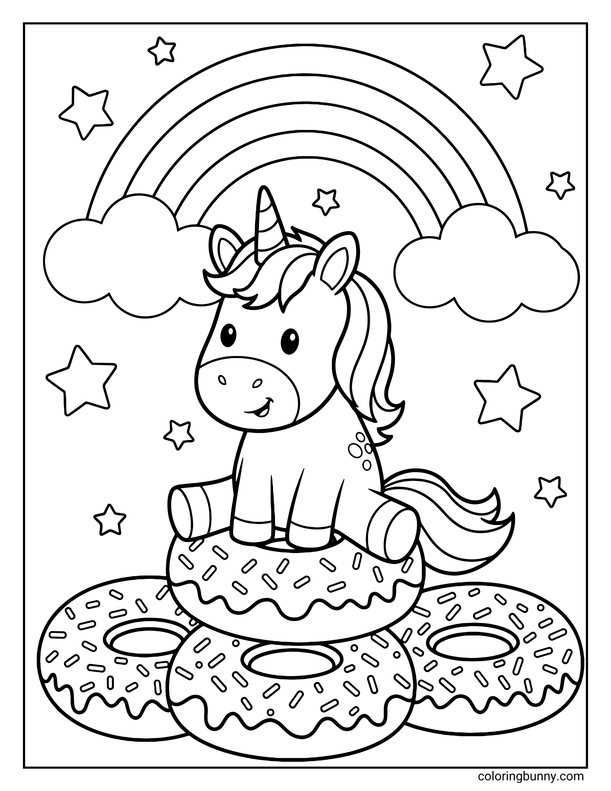 A cute unicorn coloring page featuring a smiling pony sitting on a stack of three large donuts with sprinkles, framed by a rainbow and clouds in the background.