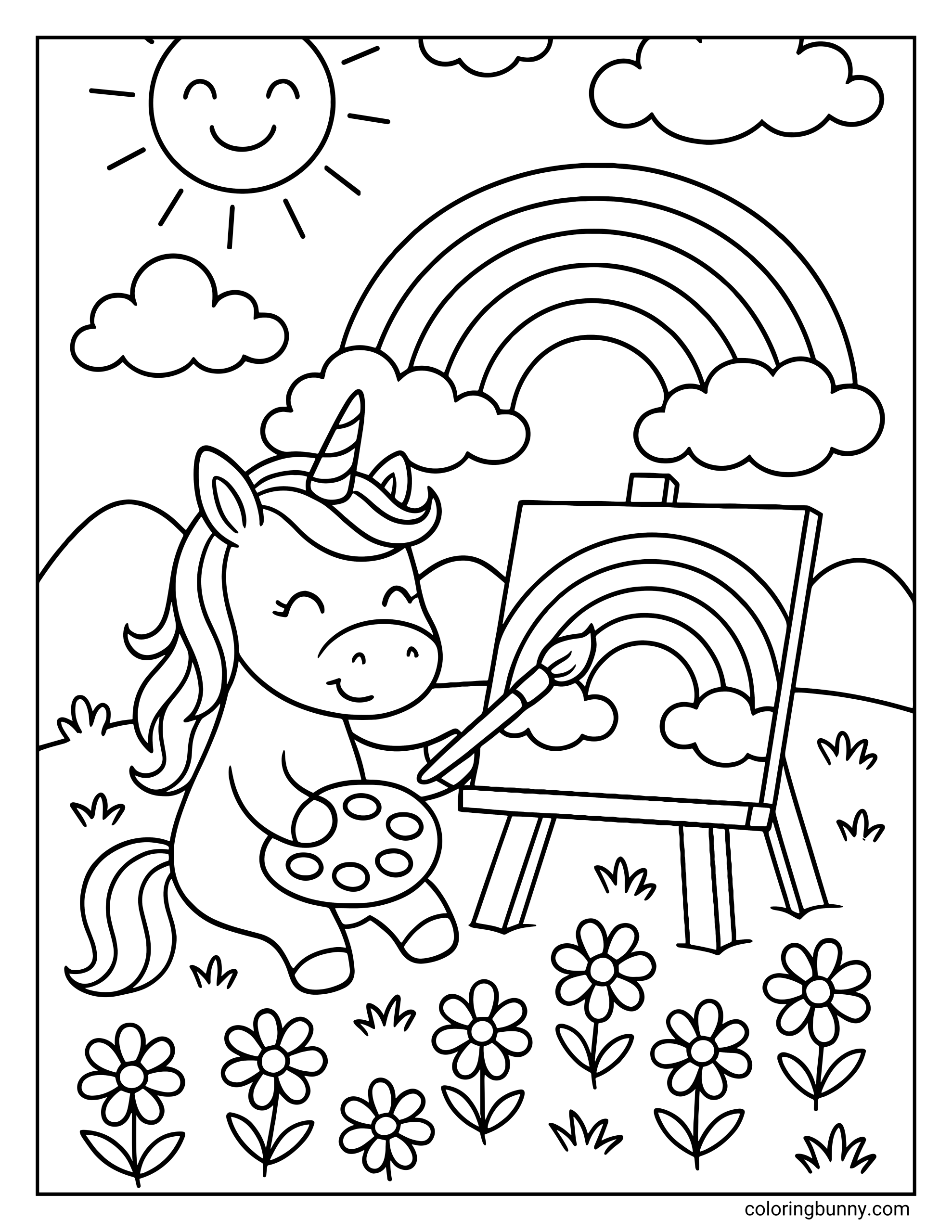 A creative coloring page of a cute unicorn artist sitting in a flower field. The pony holds a palette and brush, painting a picture of a rainbow on an easel, matching the real rainbow in the sky behind it.