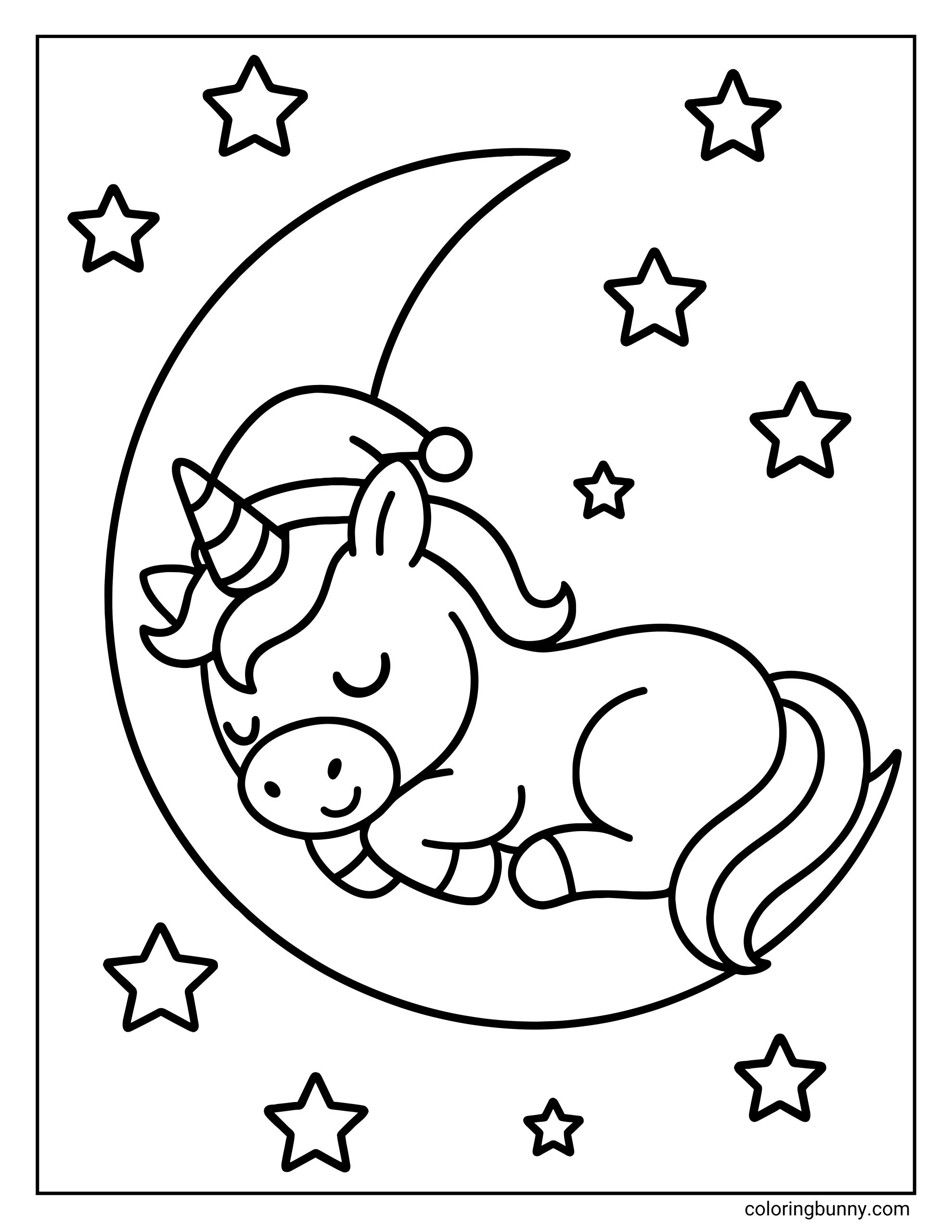 A simple coloring page of a cute unicorn wearing a nightcap sleeping peacefully on a large crescent moon surrounded by twinkling stars.