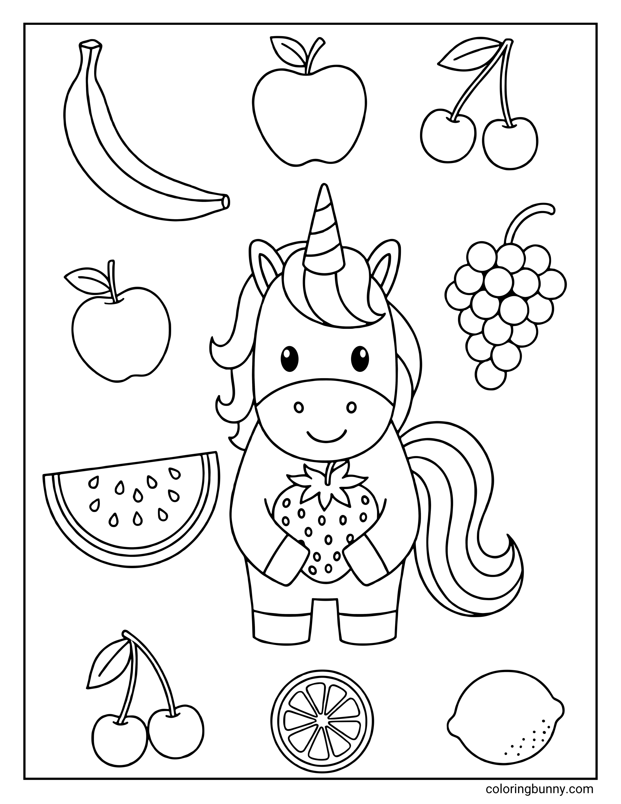 A fun coloring page of a cute unicorn holding a large strawberry, surrounded by floating fruits like a banana, apples, cherries, grapes, watermelon, and a lemon.