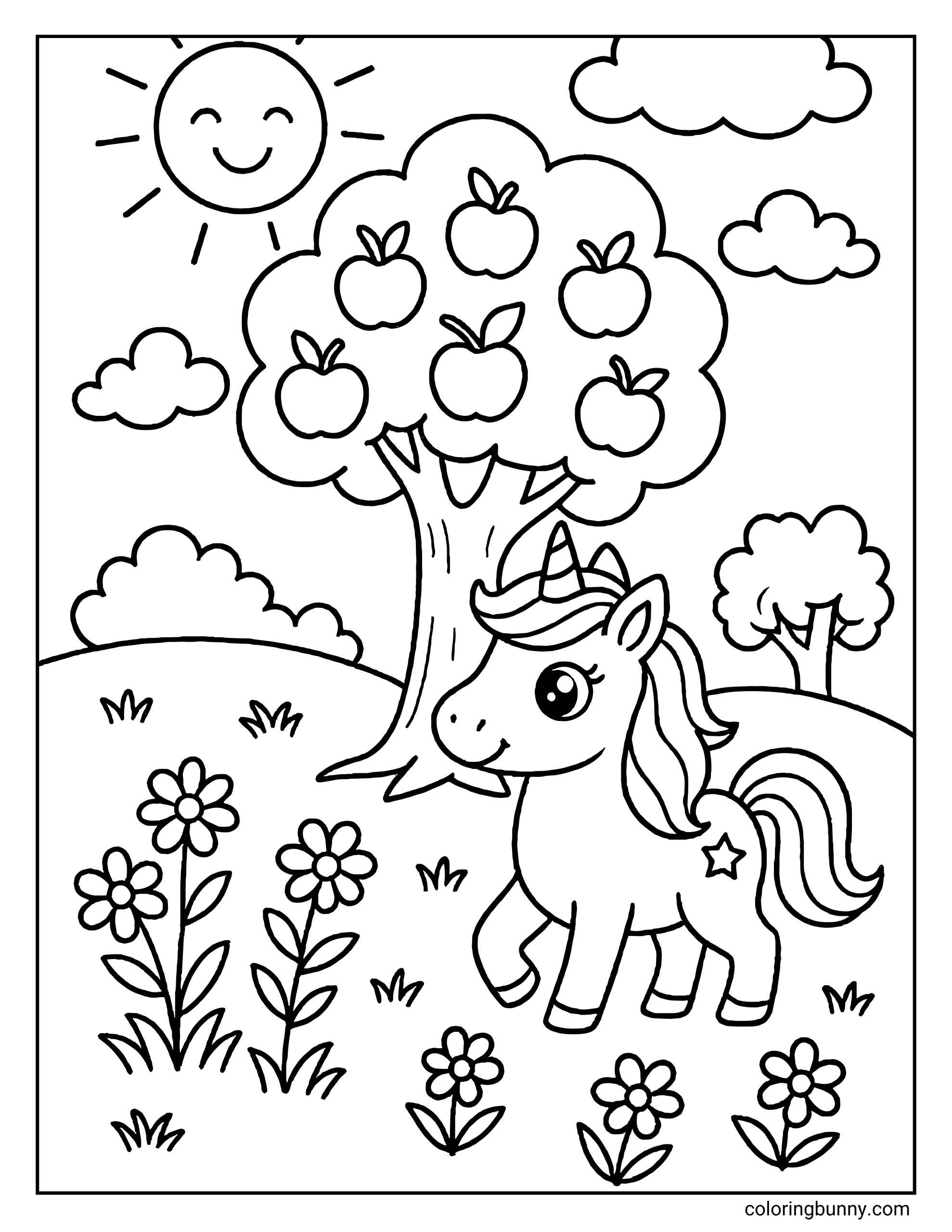 A coloring page of a cute unicorn standing under a large apple tree filled with fruit. The background features a smiling sun, fluffy clouds, hills, and flowers growing in the grass.