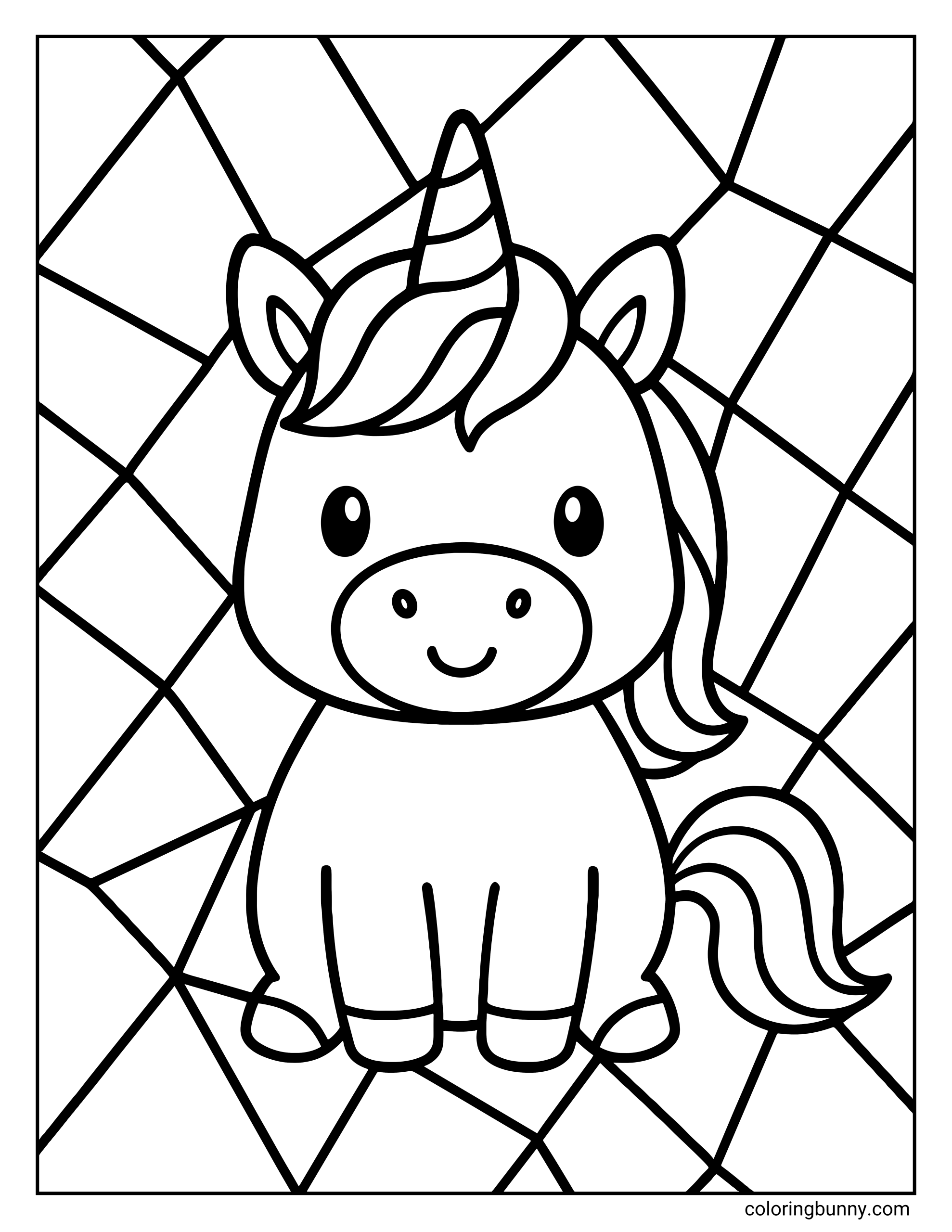 A coloring page of a unicorn with a striped horn and wavy mane framed by a geometric mosaic background pattern resembling stained glass shards.