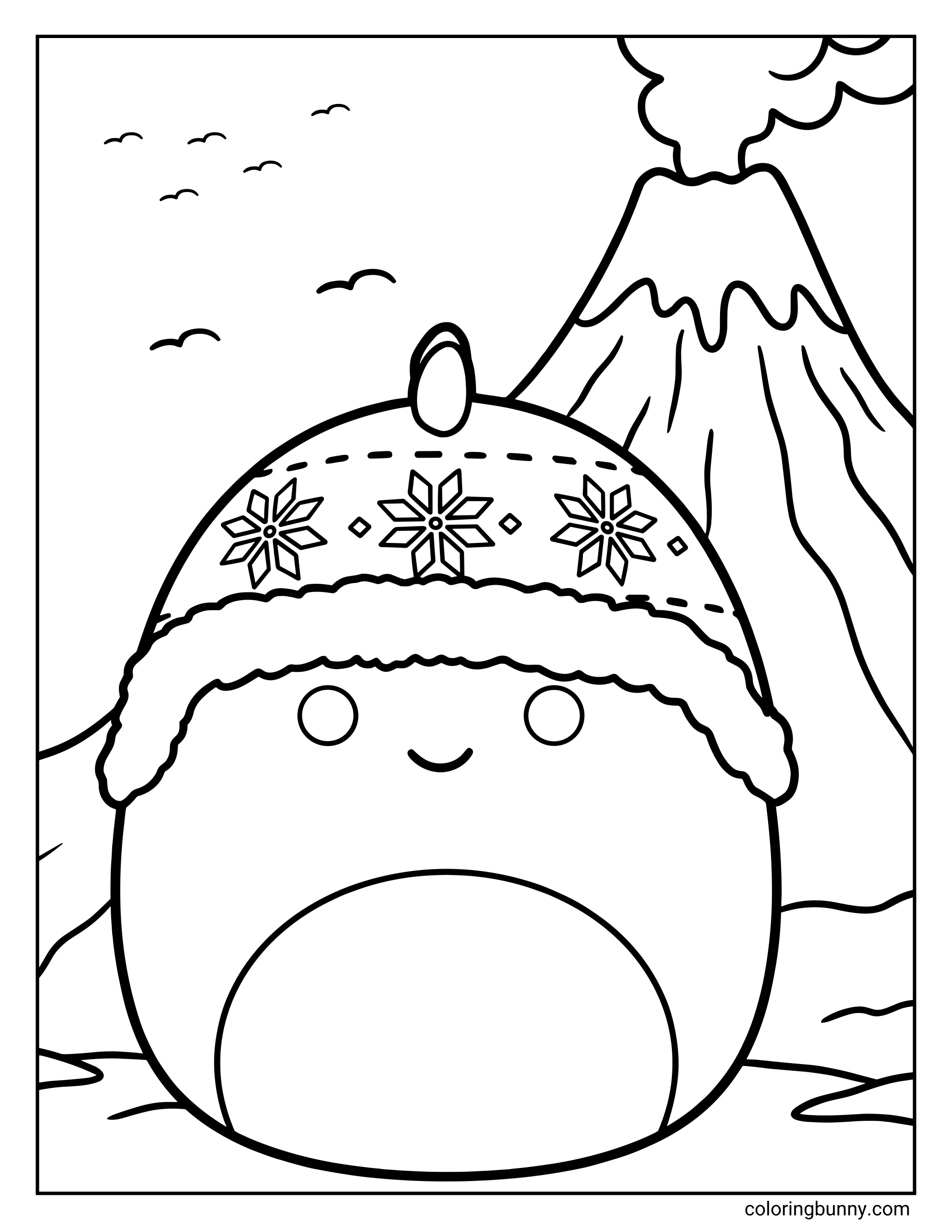 A Squishmallow coloring page of Danny the Dino showing a round, smiling dinosaur wearing a cozy winter hat decorated with snowflake patterns. The dinosaur stands in front of a dramatic volcano landscape with mountains, clouds, and birds in the sky, creating a fun mix of cute and adventurous scenery.