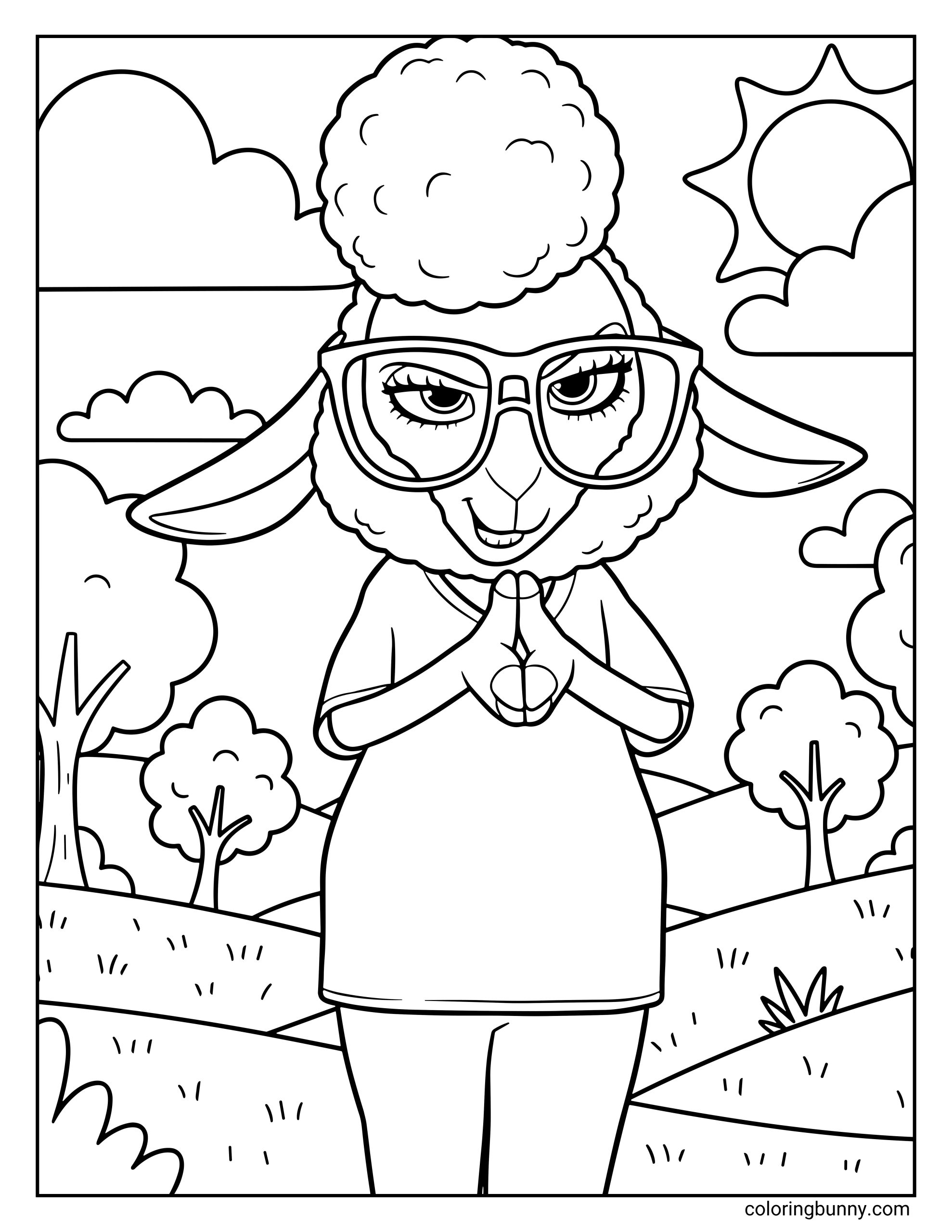 A Zootopia 2 coloring page of Dawn Bellwether standing outdoors in a sunny, hilly landscape. She has a fluffy round hairstyle, large glasses framing her sly, narrowed eyes, and a small smirk on her face. Bellwether wears a simple short-sleeve dress and clasps her hands together in front of her chest in a plotting or thoughtful gesture. Trees, clouds, and a bright sun fill the background, contrasting her deceptively sweet appearance with a hint of mischief.