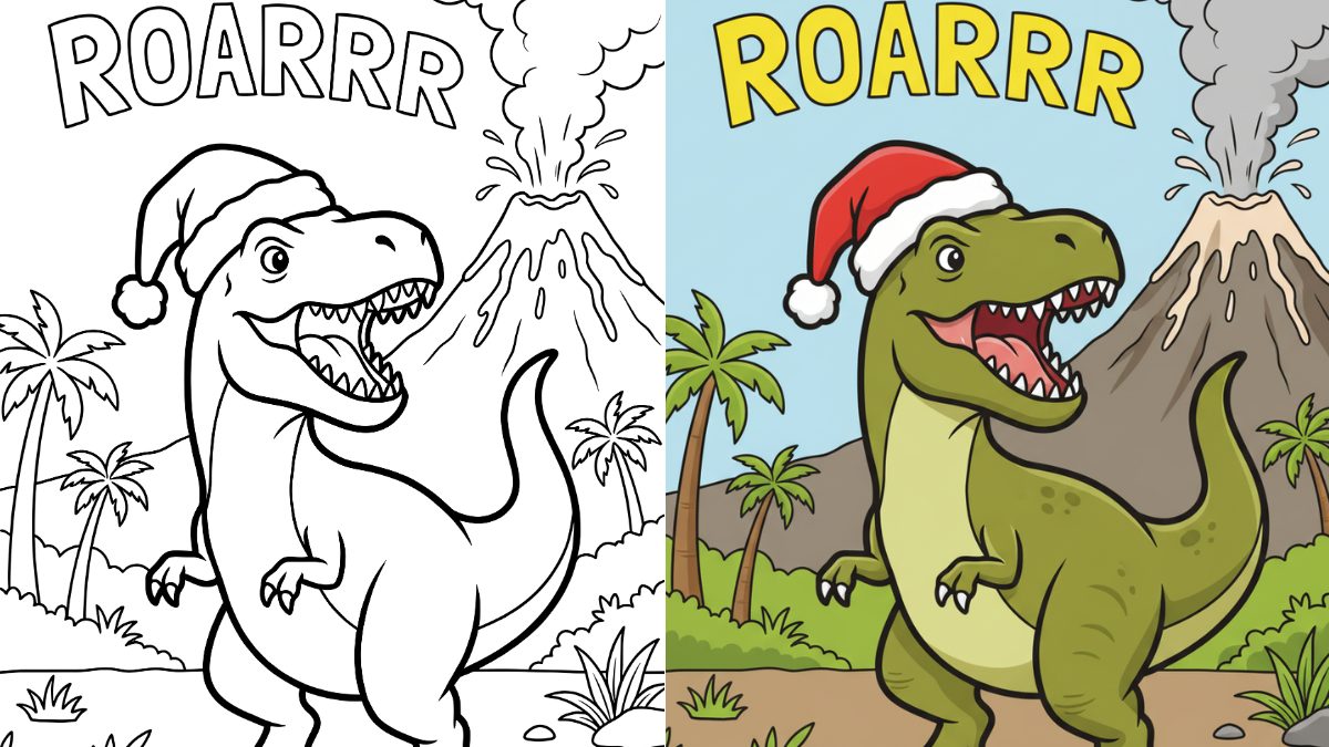 Dinosaur Christmas Coloring Pages with a Festive T-Rex