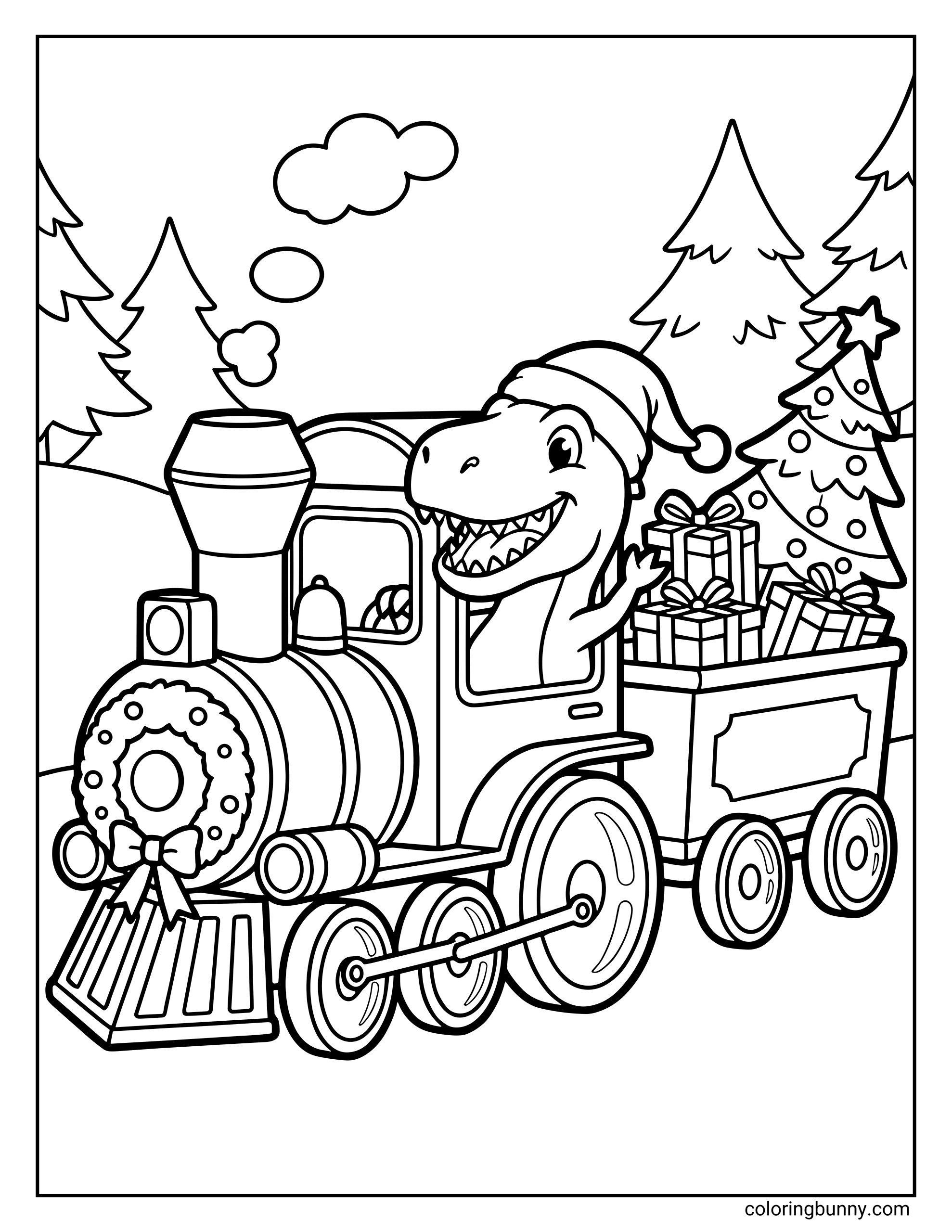 A dinosaur Christmas coloring page where a smiling T-Rex wearing a Santa hat drives a detailed festive holiday train filled with presents and a decorated Christmas tree. The background has simple winter trees.