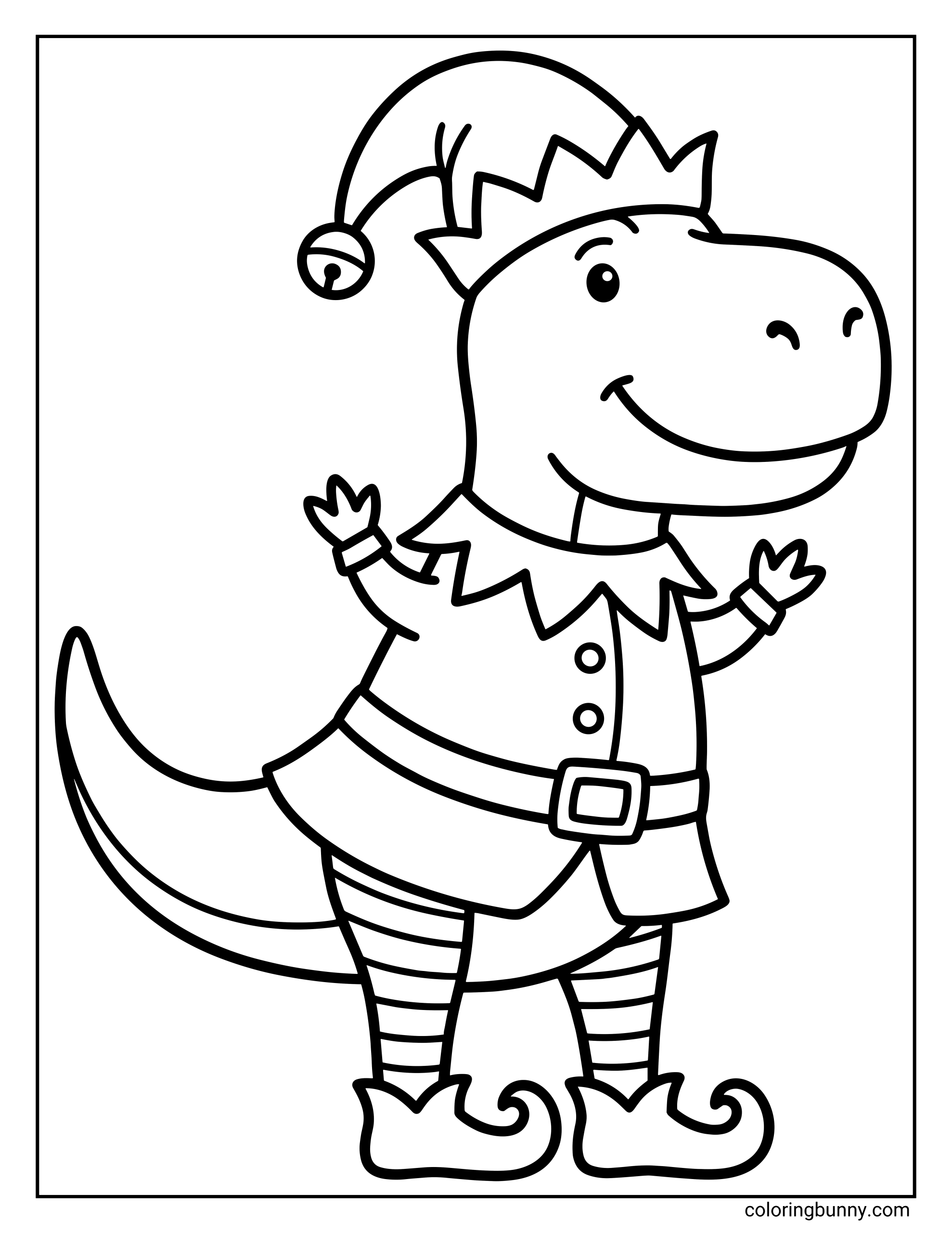 A simple and easy dinosaur Christmas coloring page where a cute dinosaur is dressed as a festive elf with a jingly hat, striped leggings, and curled elf shoes.