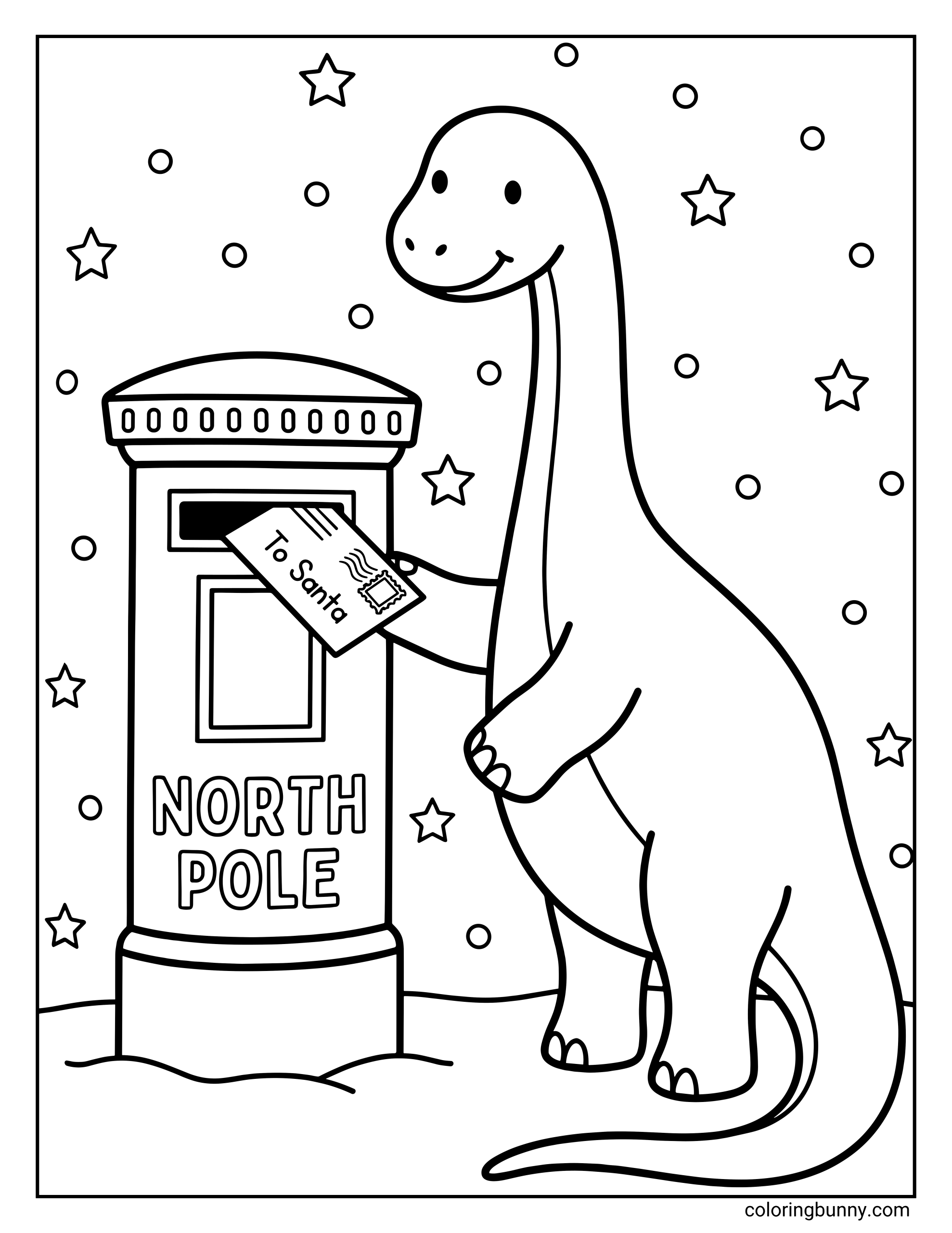 A simple dinosaur Christmas coloring page where a friendly Diplodocus mails a letter to Santa at a North Pole post box, surrounded by stars and snow.