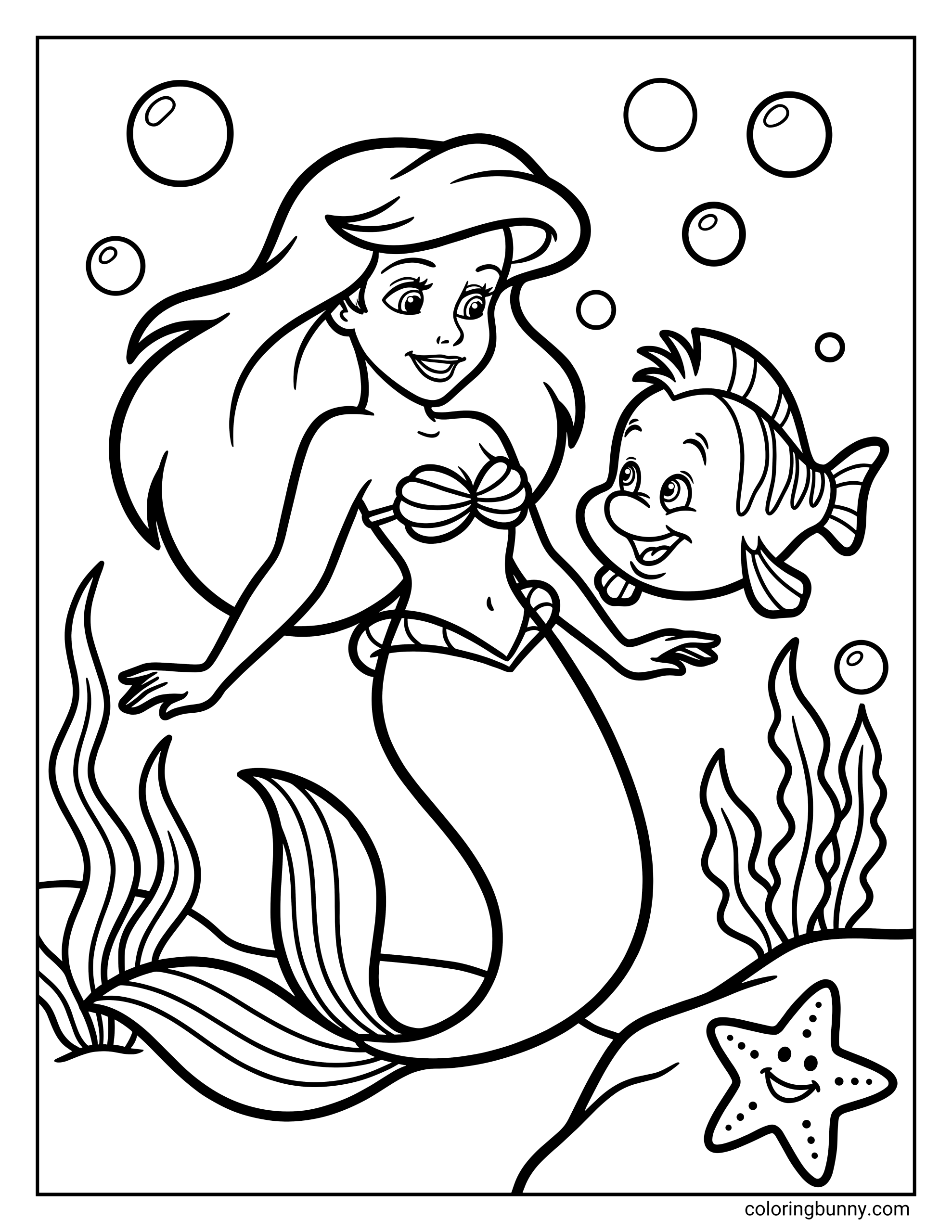 A coloring page of the Disney mermaid Ariel smiling at her friend Flounder, surrounded by floating bubbles, waving seaweed, and a smiling starfish resting on a rock.