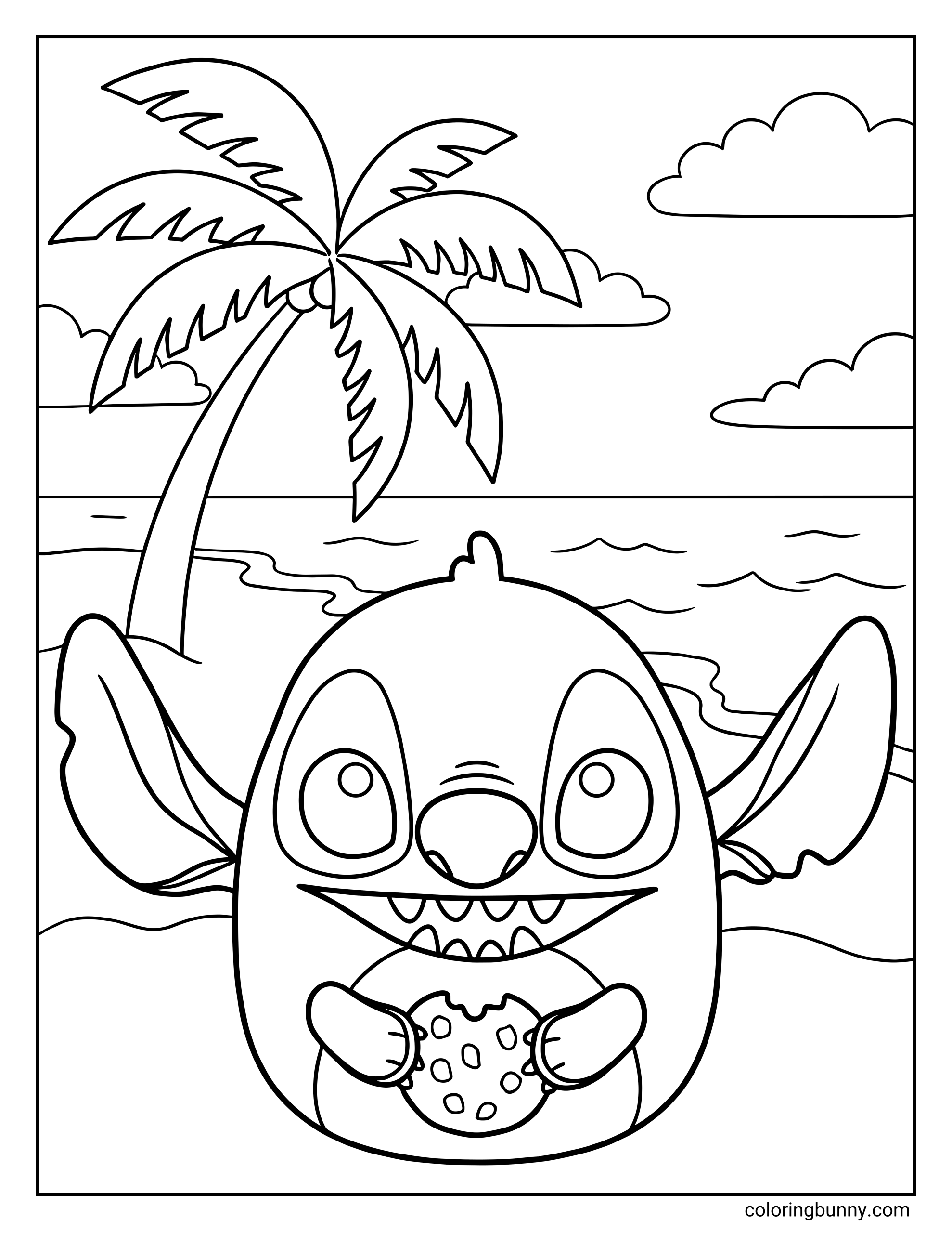 A Squishmallow coloring page of a Disney Chef Stitch character smiling widely while holding a cookie, set on a sunny tropical beach with palm trees and gentle ocean waves in the background. The scene includes fluffy clouds, calm water, and playful details that create a fun island atmosphere.