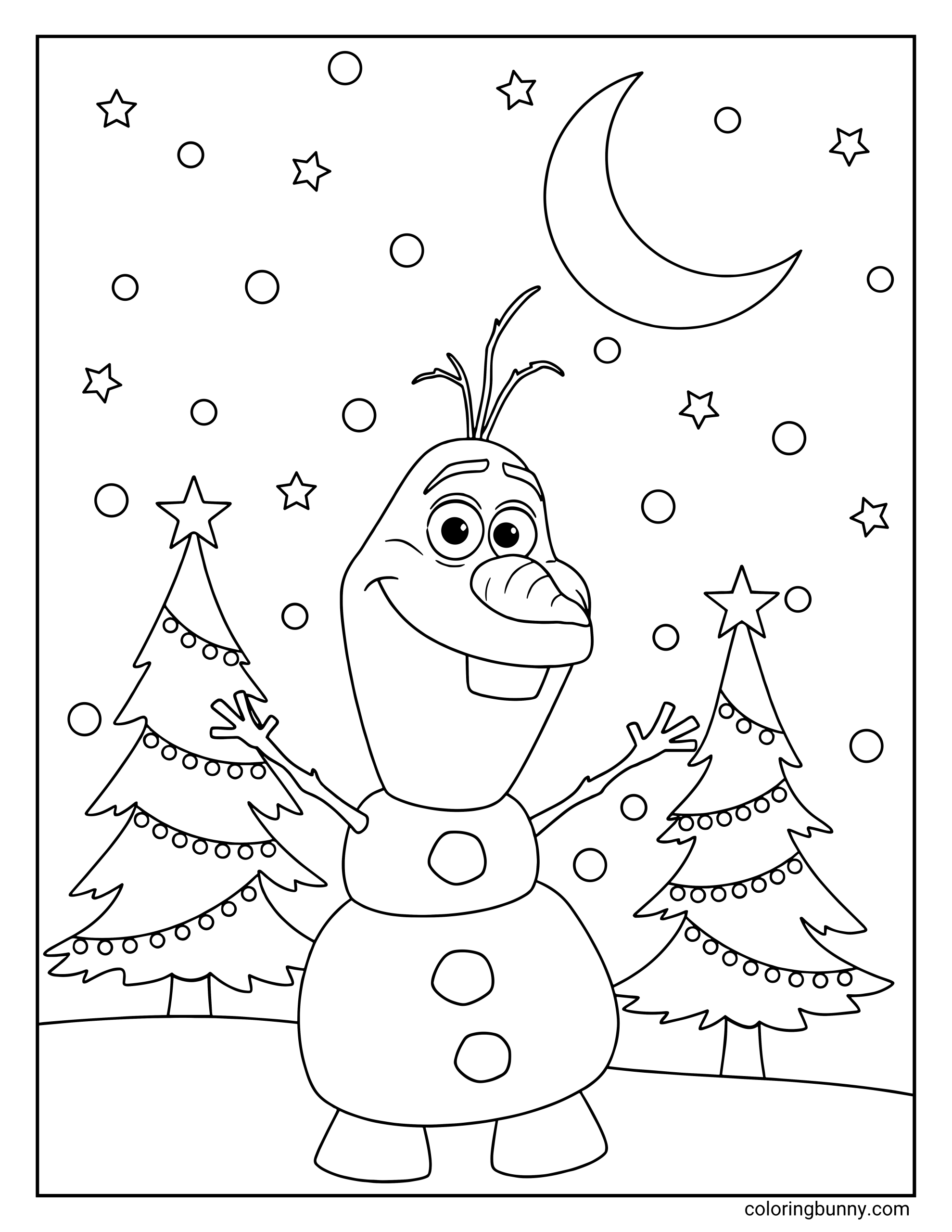 A coloring page featuring Olaf the snowman standing between two decorated Christmas trees under a crescent moon and stars.