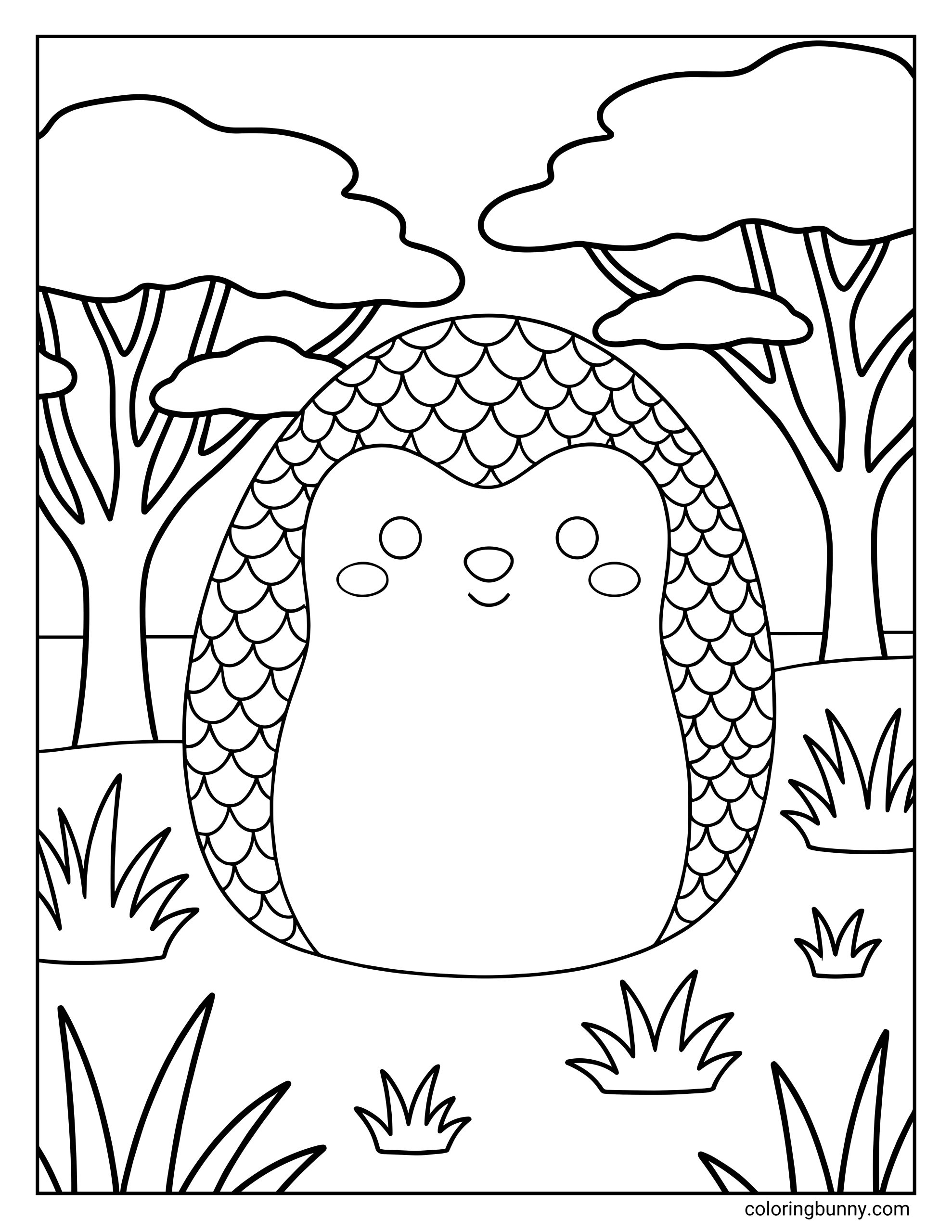 A Squishmallow coloring page showing Dorinda the Pangolin standing in a forest clearing, with overlapping scale patterns covering her body, rounded cheeks, a small smiling face, and leafy trees and grass surrounding her.