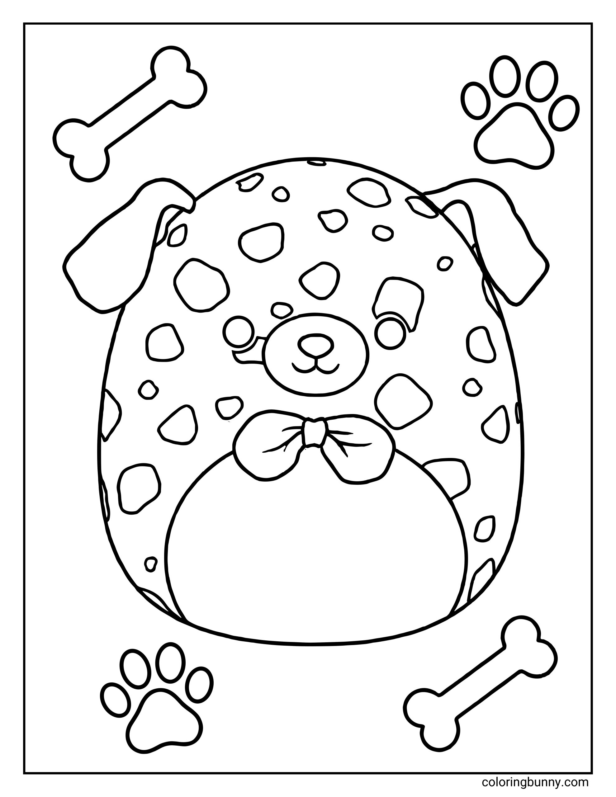A Squishmallow coloring page featuring Dustin the Dalmatian with floppy ears, a round plush body covered in classic Dalmatian spots, a small smiling face, and a cute bow tie on his chest, surrounded by paw prints and cartoon dog bones.