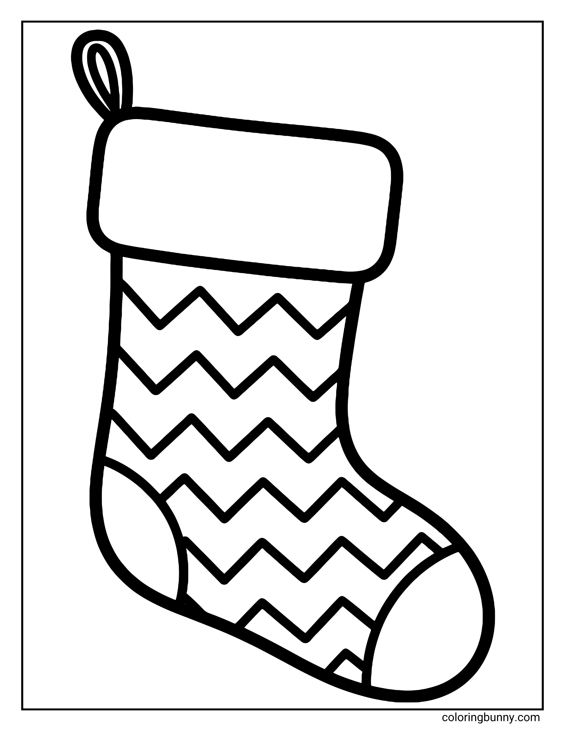 A Christmas stocking coloring page featuring a simple outline filled with a bold zigzag chevron pattern.