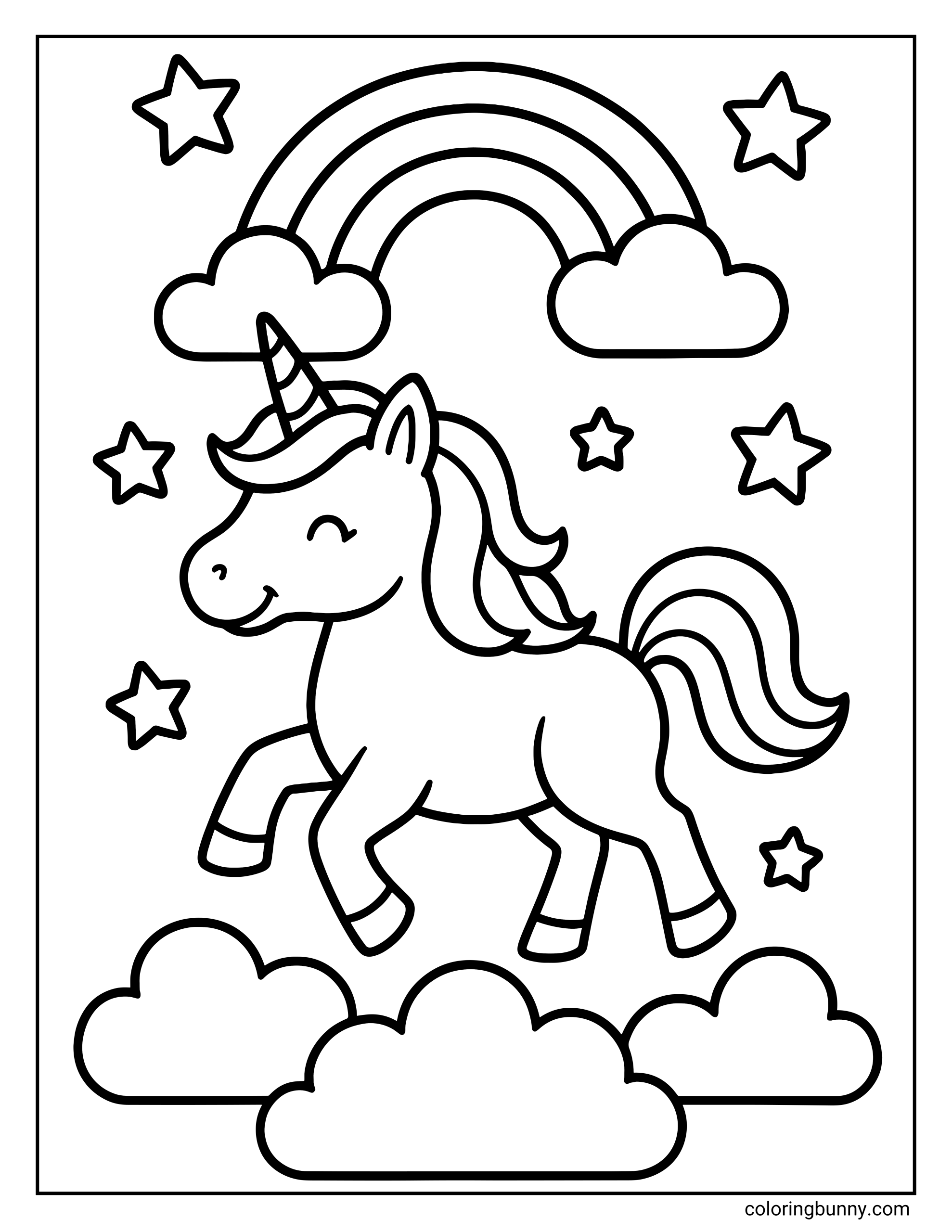 An easy unicorn coloring page featuring a smiling pony prancing above a layer of clouds. The background is filled with twinkling stars and a rainbow arching between two clouds at the top.