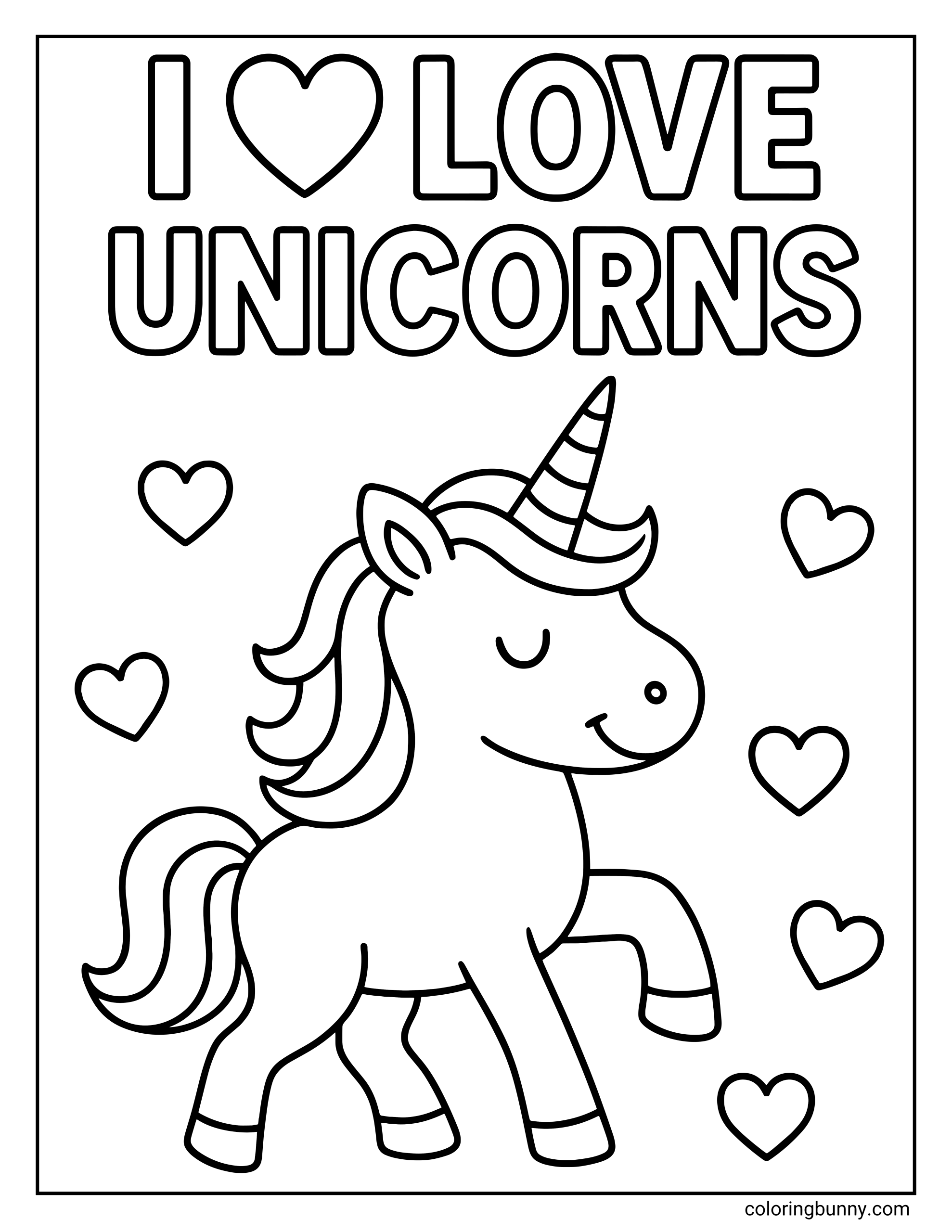 An easy I Love Unicorns coloring page featuring a happy prancing pony surrounded by floating hearts. The text "I LOVE UNICORNS" appears in large bubble letters at the top above the character.