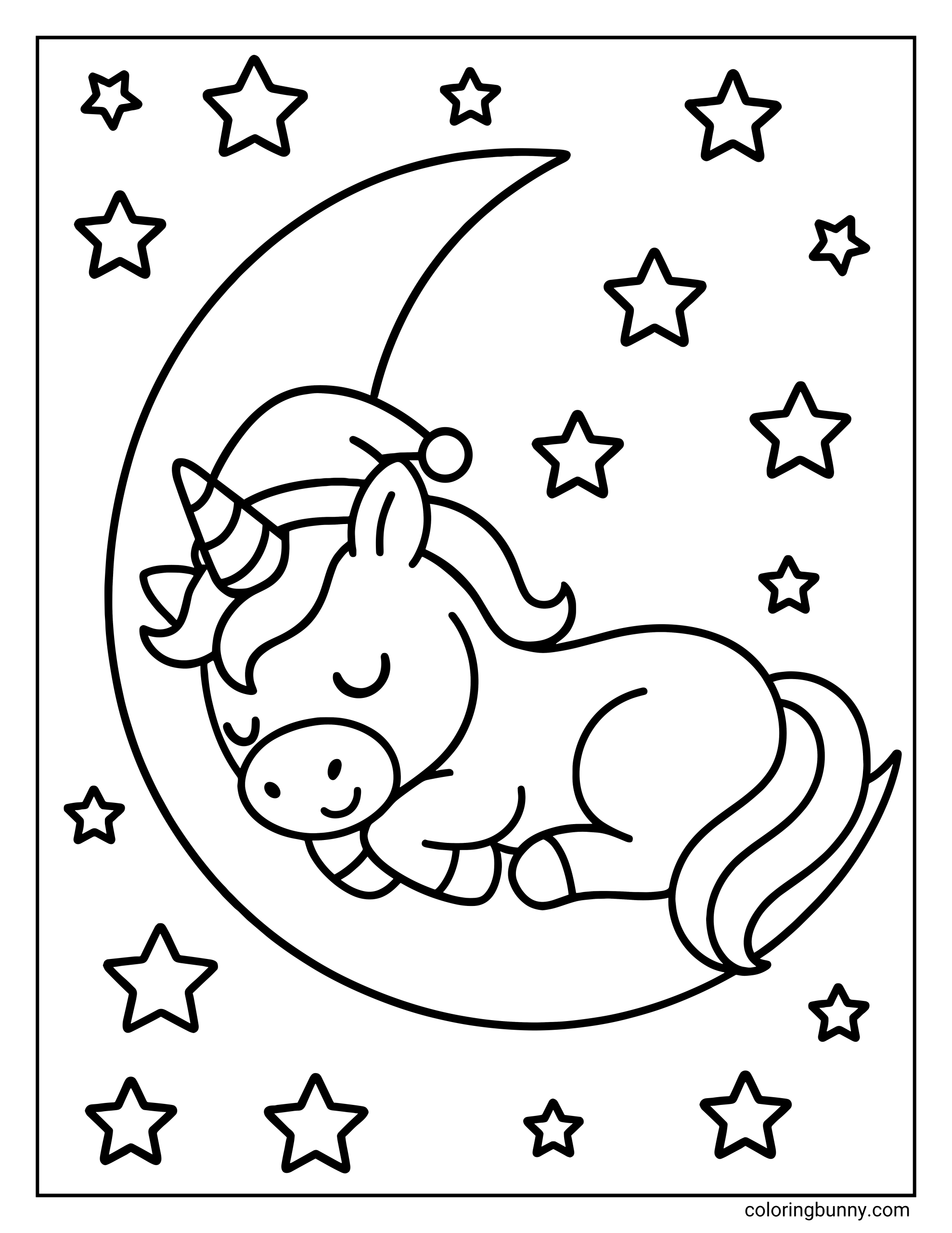 A cute coloring page of a sleeping unicorn wearing a nightcap, resting on a large crescent moon surrounded by many stars.