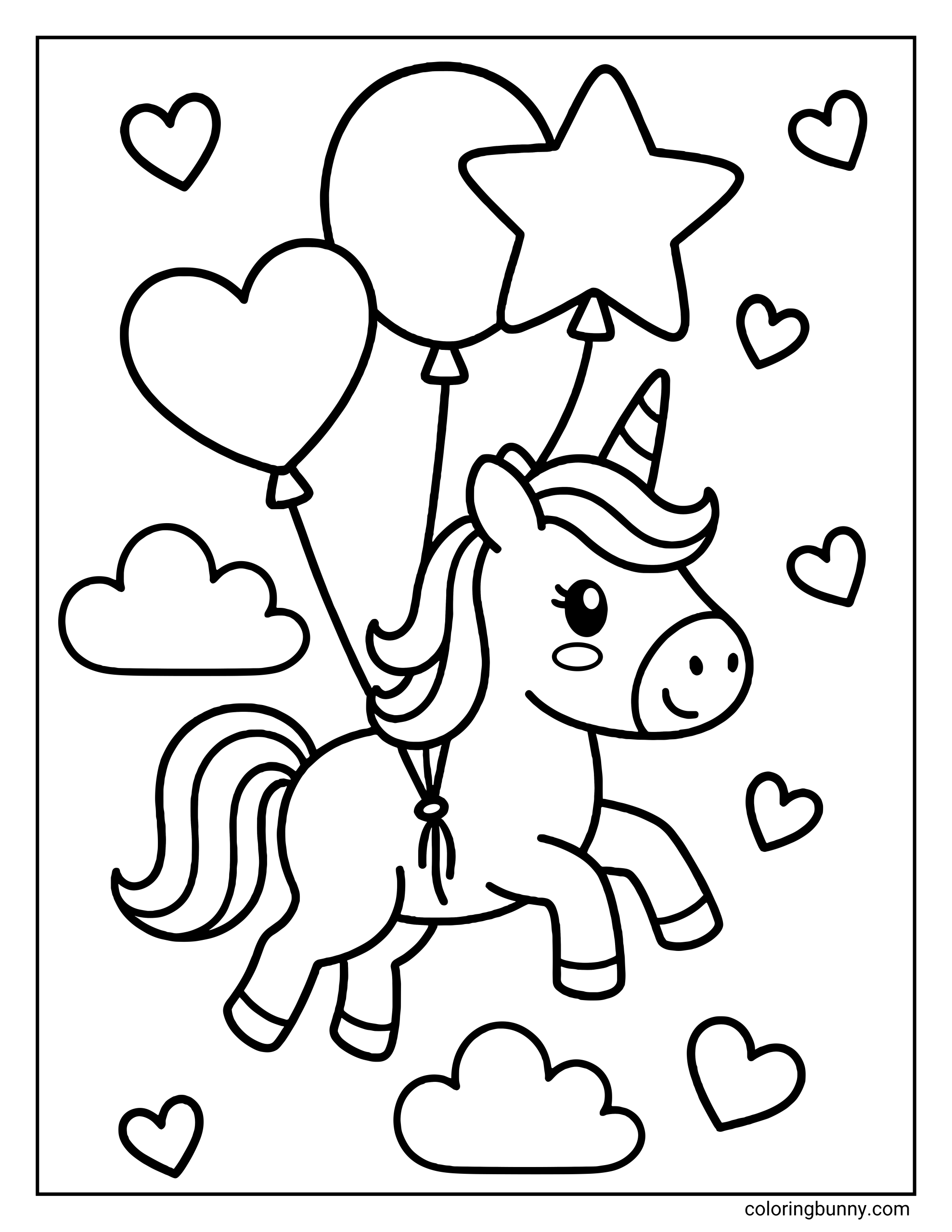An easy coloring page of a cute unicorn floating in the air attached to three balloons shaped like a heart, a circle, and a star. The background is filled with fluffy clouds and floating hearts.