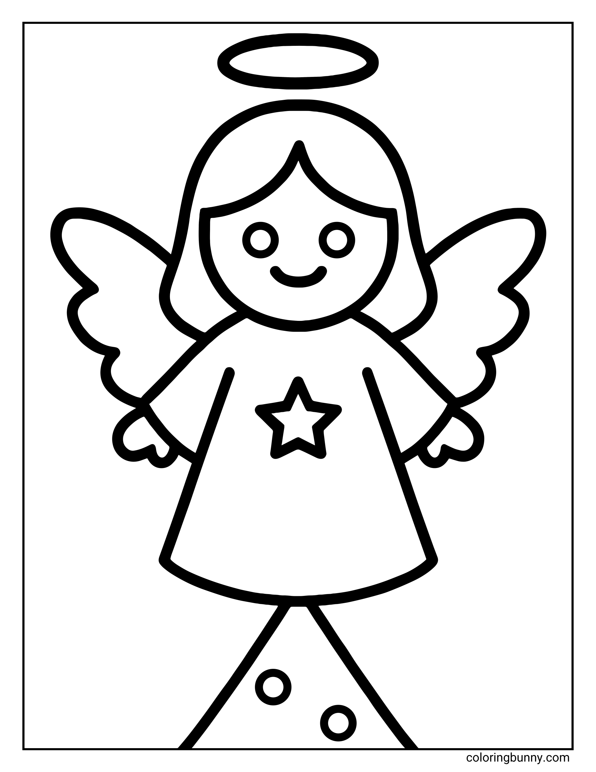 A simpleChristmas angel tree topper coloring sheet showing a smiling angel with spread wings, a halo floating above her head, and a star on her gown.