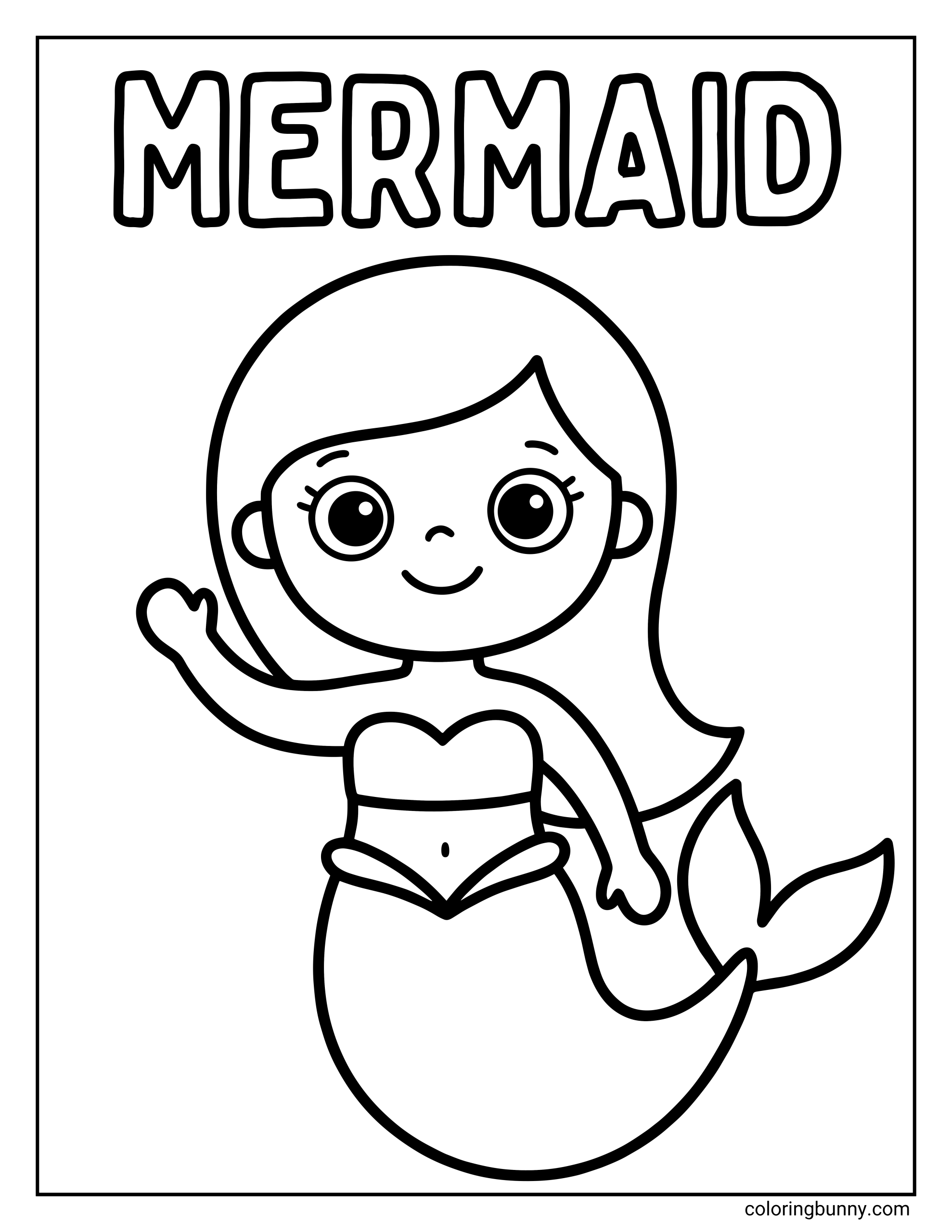 An easy mermaid coloring page for kids featuring a cute waving mermaid and the word "MERMAID" written in large bubble letters above her.