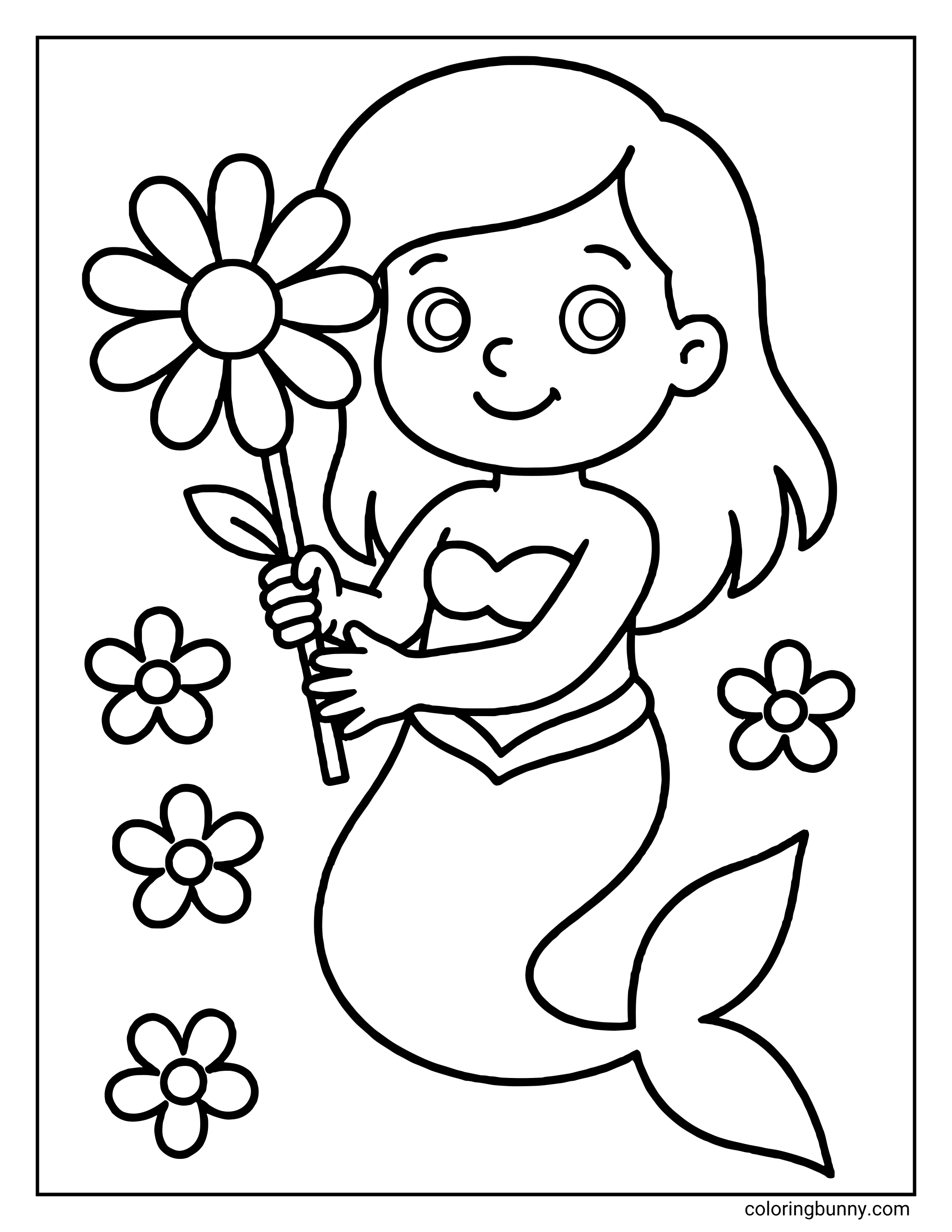 An easy coloring page of a smiling mermaid holding a large daisy flower, with three smaller flowers floating around her.