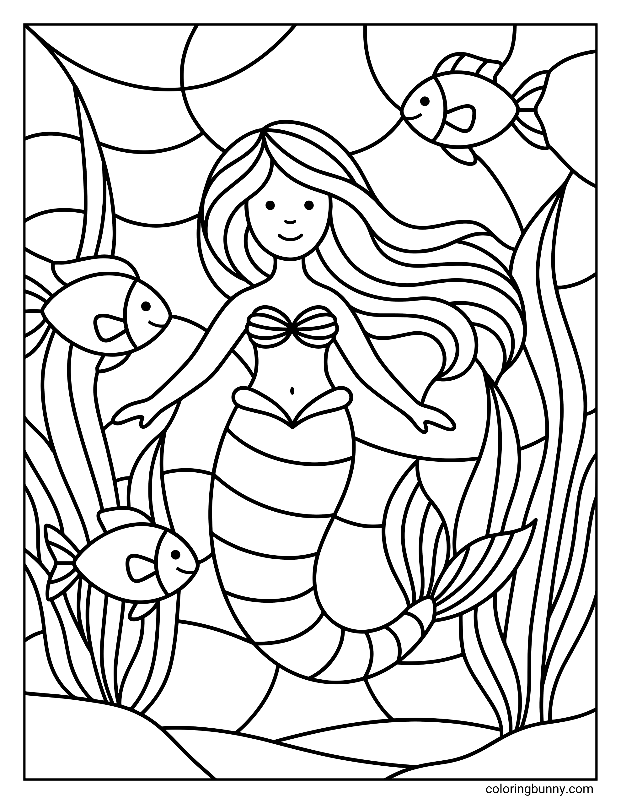 A coloring page in a stained-glass mosaic style, featuring a mermaid with long flowing hair surrounded by three fish and seaweed. The entire image is divided into segmented shapes with thick outlines.