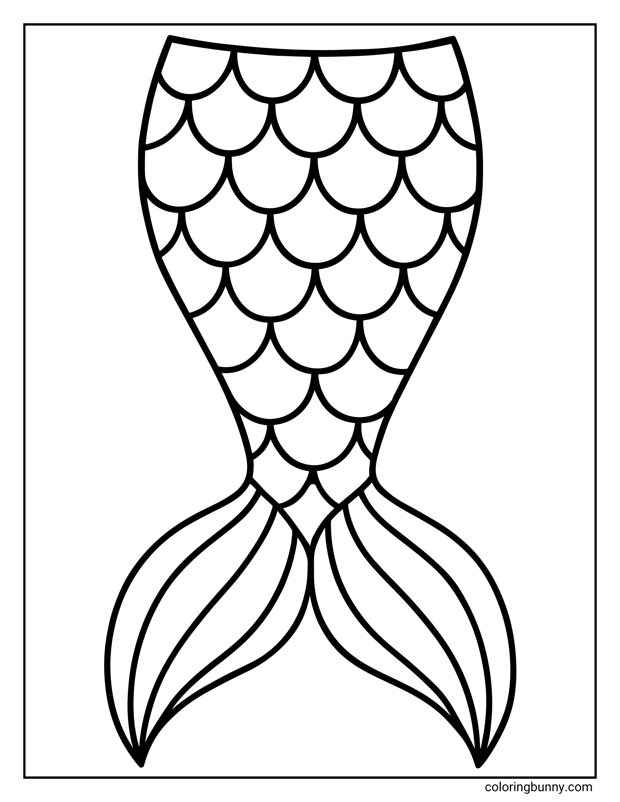 An easy coloring page of a mermaid tail featuring a pattern of large, overlapping scales and a curved fin at the bottom.