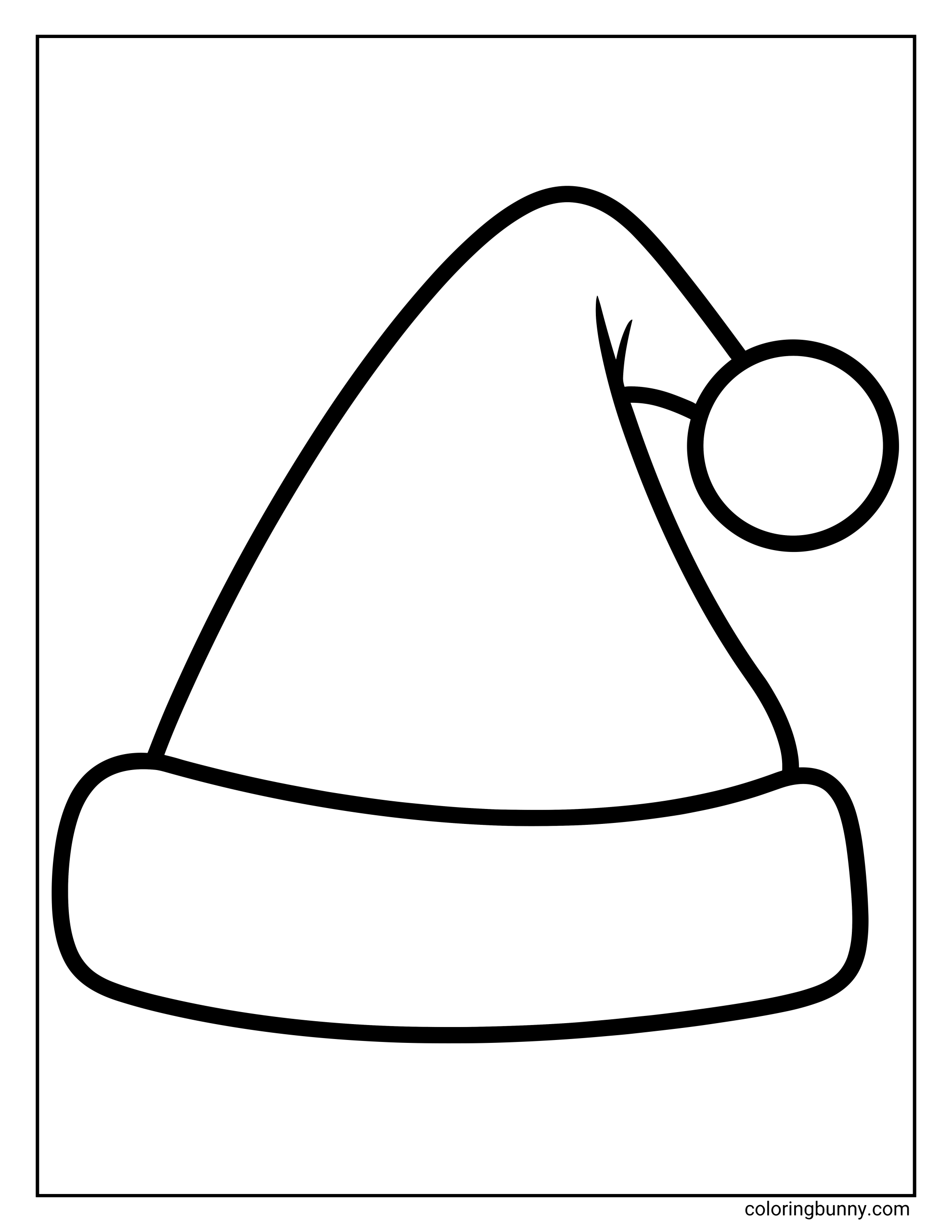 Easy Christmas coloring page of a Santa hat with a fluffy pom-pom at the tip and a wide brim at the bottom.