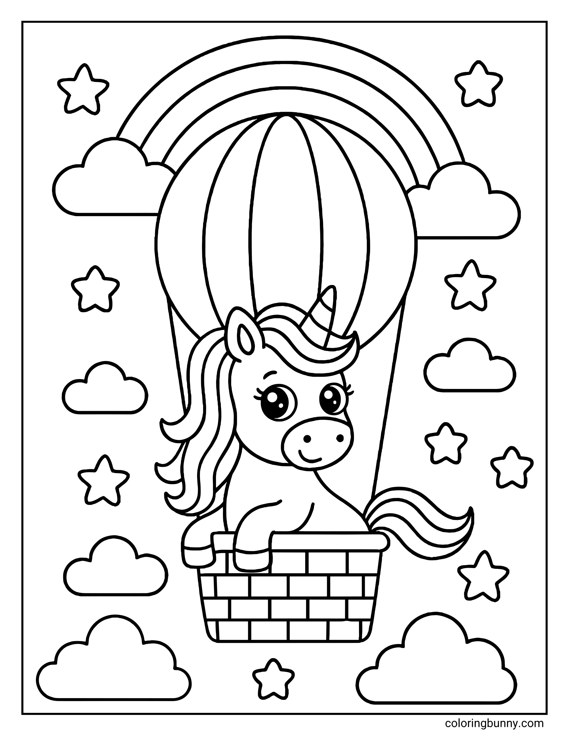 A kids coloring page of a cute unicorn sitting in a hot air balloon basket. The background features a rainbow at the top, fluffy clouds, and many twinkling stars.