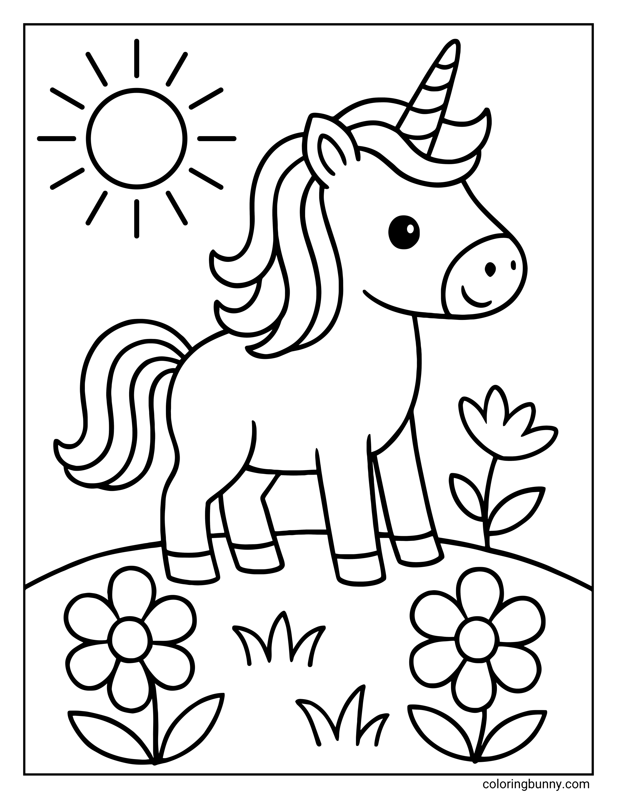 A simple coloring page of a smiling unicorn standing on a grassy hill decorated with large flowers. The background features a bright sun shining down.