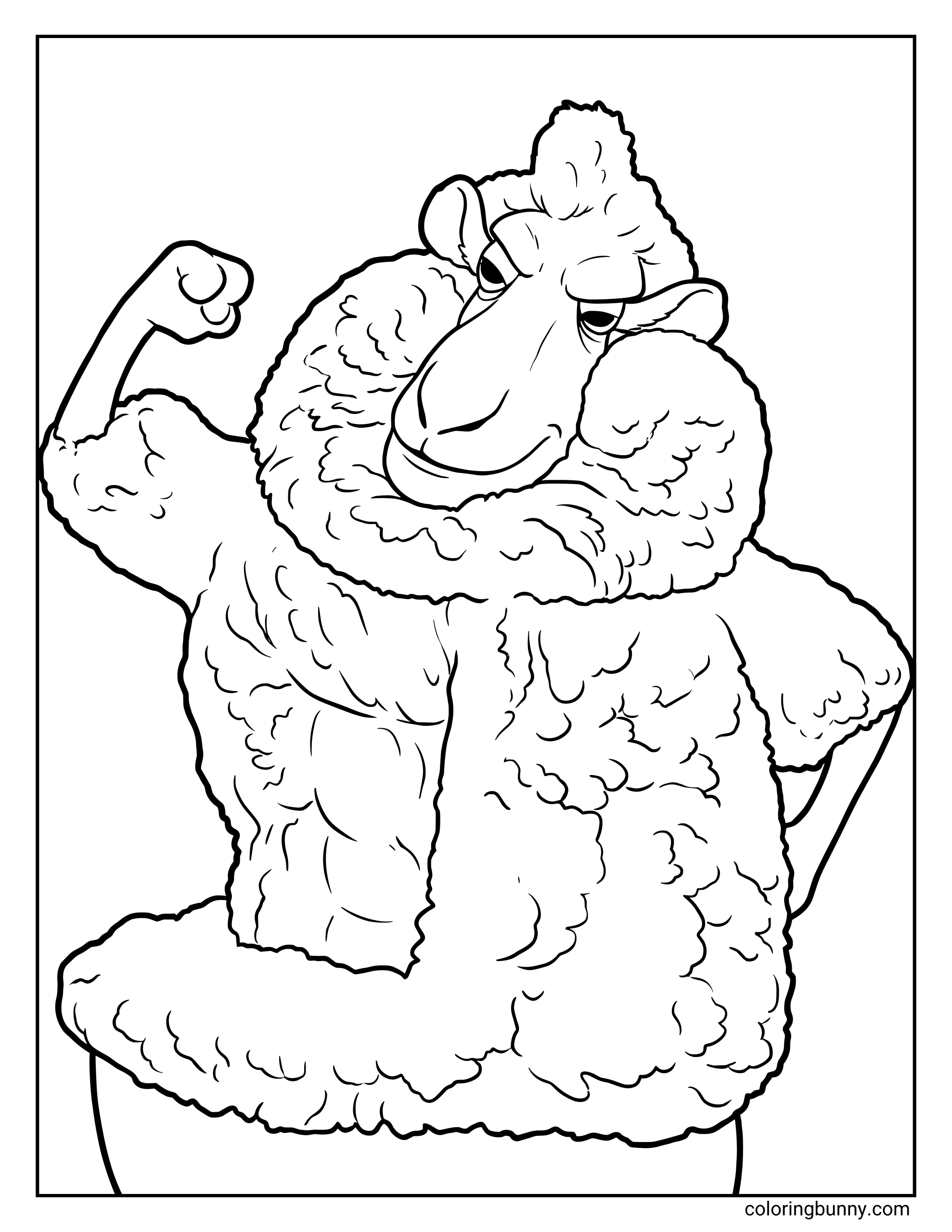 A Zootopia 2 coloring page of a sheep character, Ed Shearin, with a confident, smug expression. He has thick, fluffy wool covering his shoulders and torso, forming a dramatic, oversized coat-like shape. One arm is bent upward in a flexing pose, showing off his strength, while the other rests on his hip. His eyes are half-lidded with a sly, self-assured look, as if he’s proudly displaying his woolly muscles or making a bold entrance in Zootopia 2.