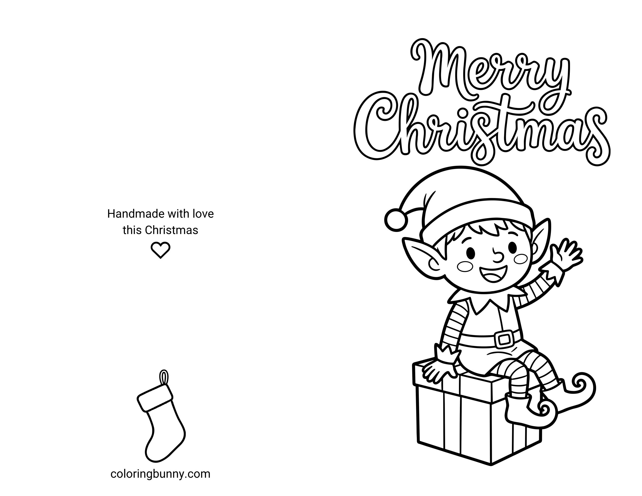 A printable and foldable Christmas card coloring page featuring a cheerful elf sitting on a wrapped present and waving. The words “Merry Christmas” appear in large script above the elf. On the left half of the page, the back of the card includes the text “Handmade with love this Christmas,” a small heart icon, and a simple stocking illustration.