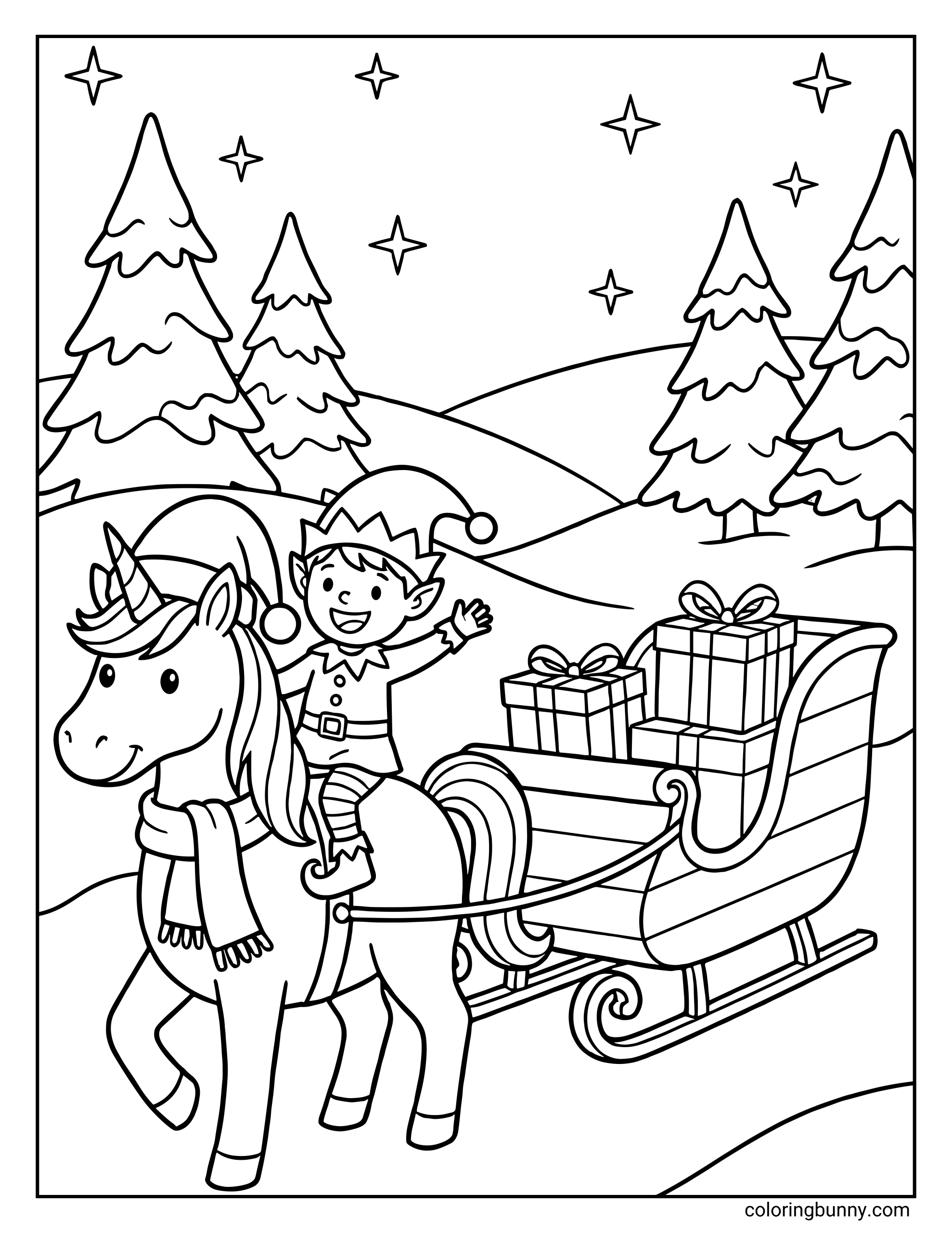 A Unicorn Christmas coloring page featuring a cute elf riding a unicorn that is pulling a sleigh full of wrapped presents through a snowy forest under a starry sky.
