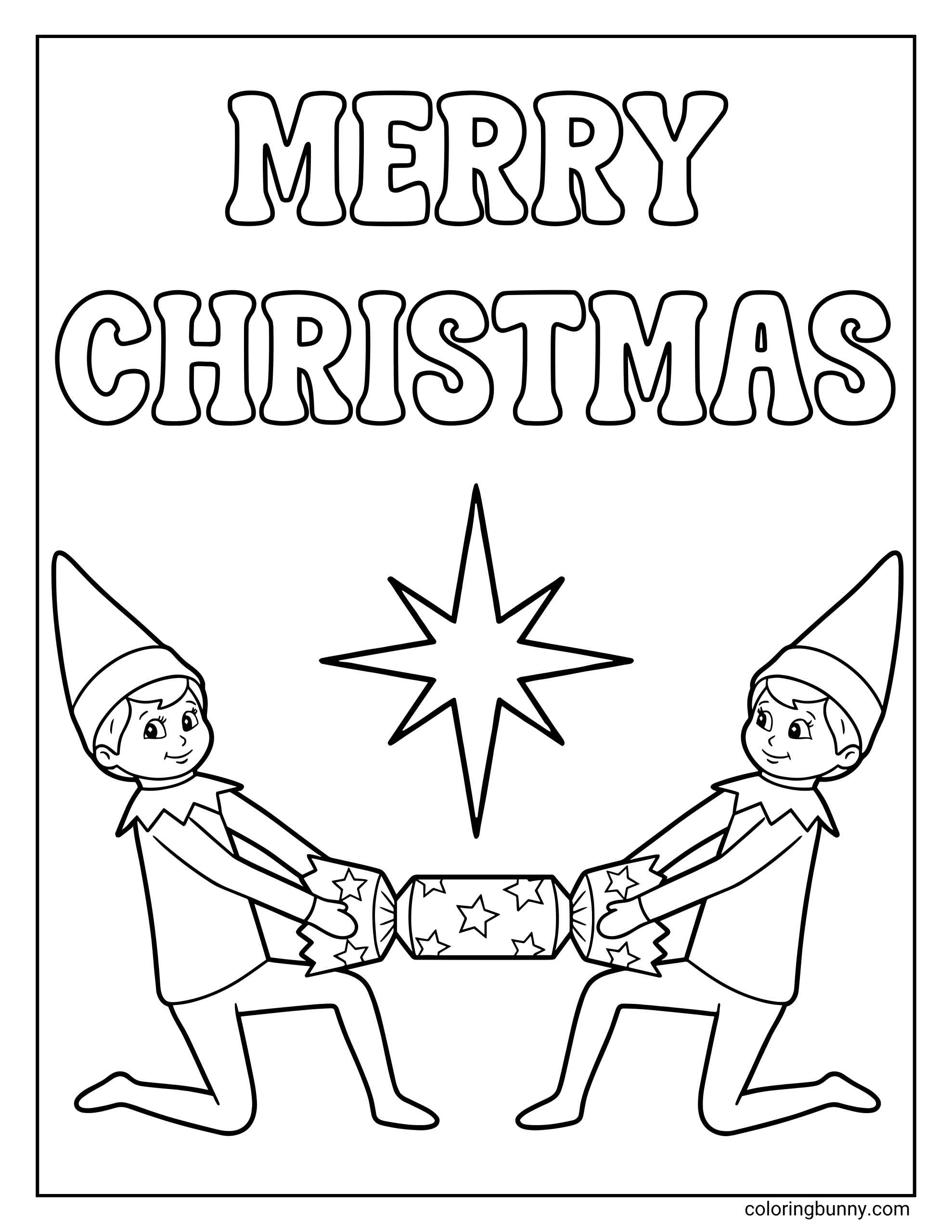 A Christmas coloring page featuring two The Elf on the Shelf characters pulling a Christmas cracker under a star.
