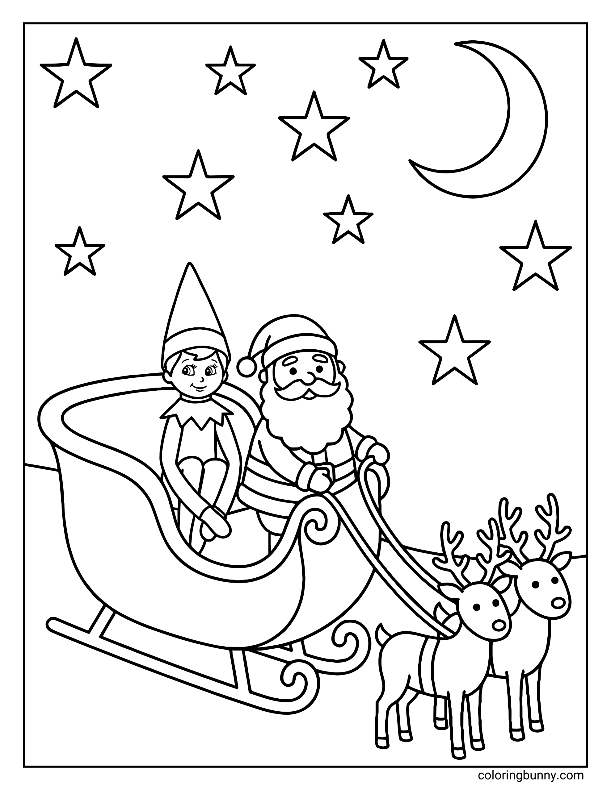 The Elf on the Shelf coloring page of a Scout Elf riding in Santa’s sleigh beside Santa Claus, flying through the night sky with reindeer leading the way.