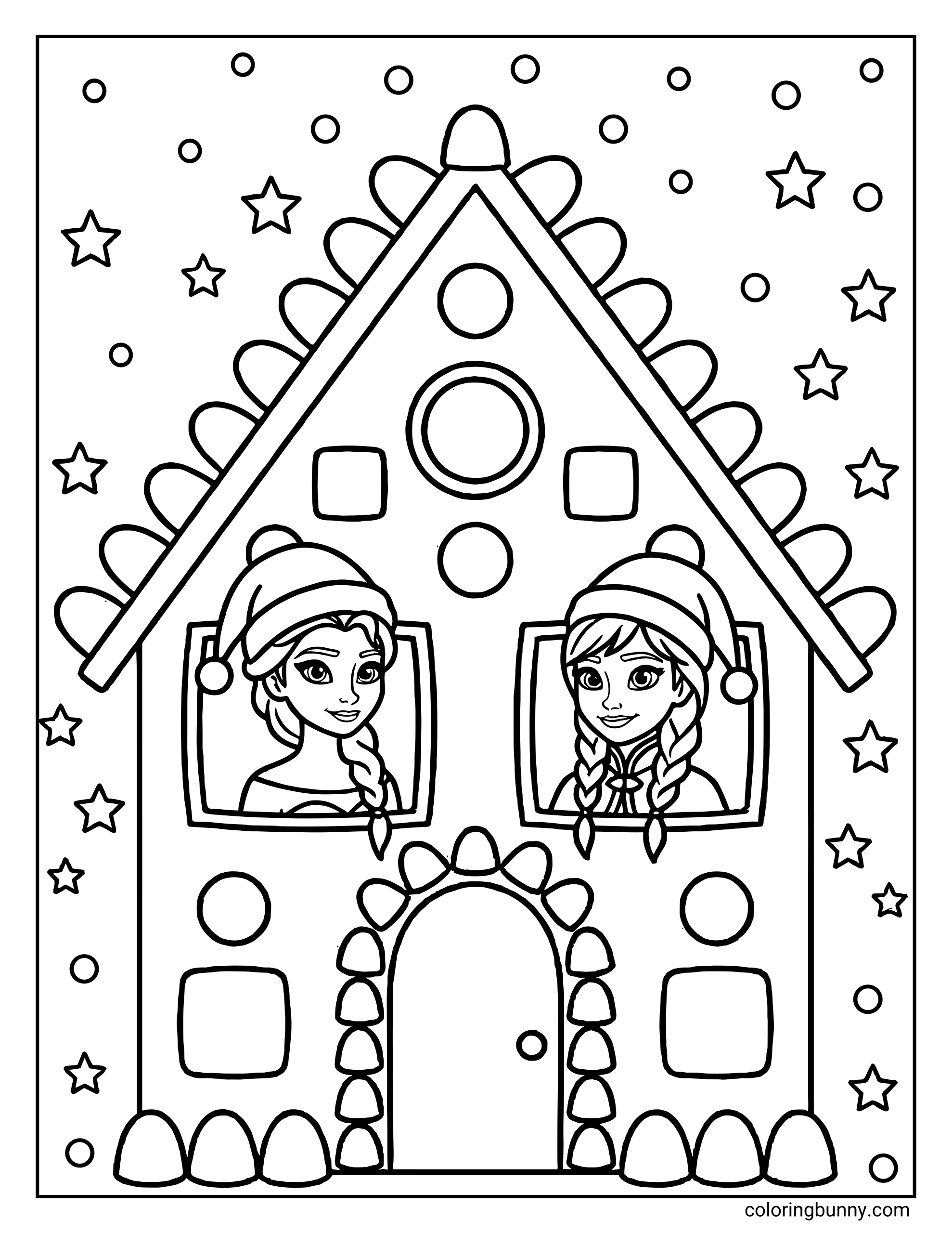 A Disney Christmas coloring page of a gingerbread house decorated with stars and candy details, featuring Elsa and Anna from Frozen smiling from the windows while wearing Santa hats as snow falls around the house.