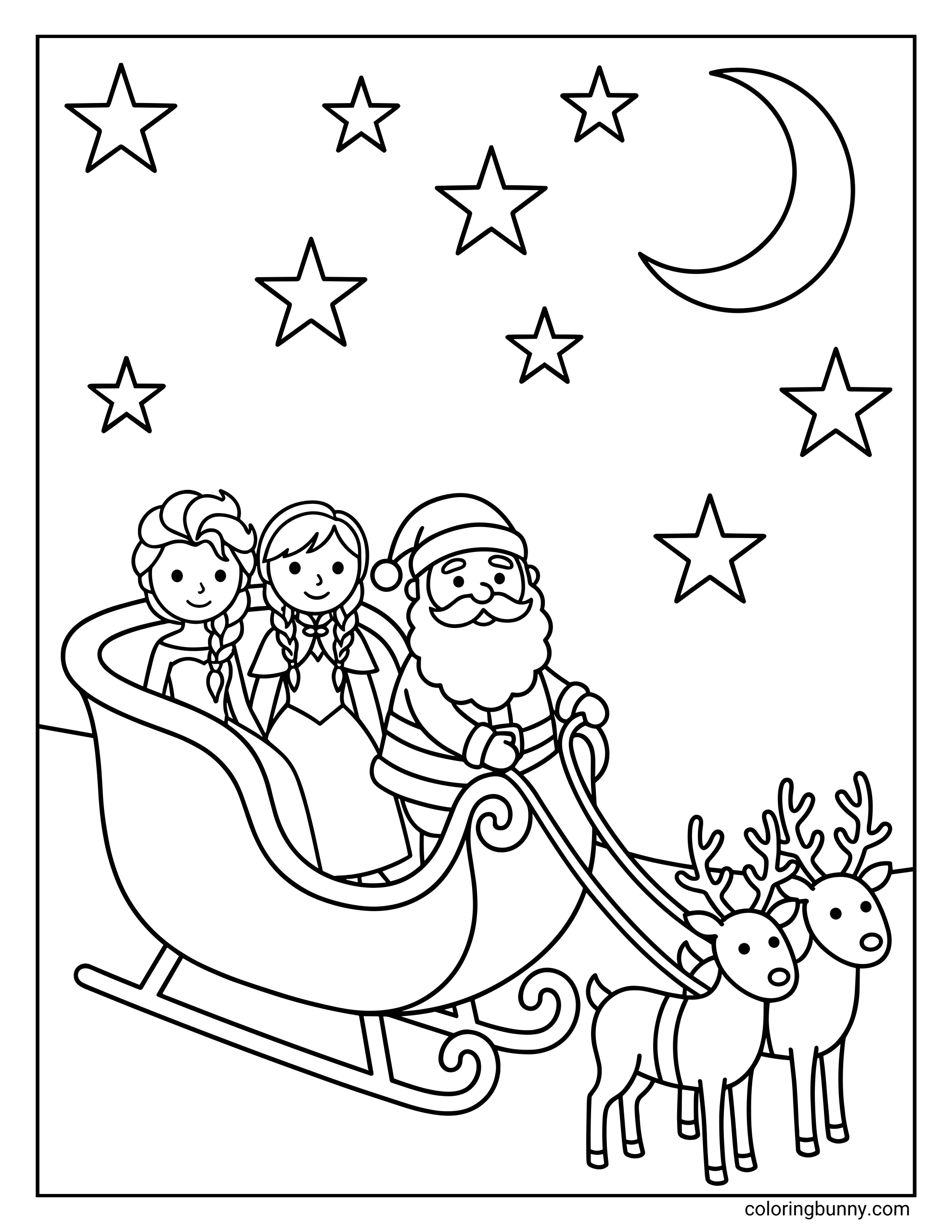 A simple Disney Christmas coloring page showing Anna and Elsa from Frozen riding in Santa’s sleigh under a starry night sky, with Santa holding the reins as two reindeer pull the sleigh beneath the moon and stars.