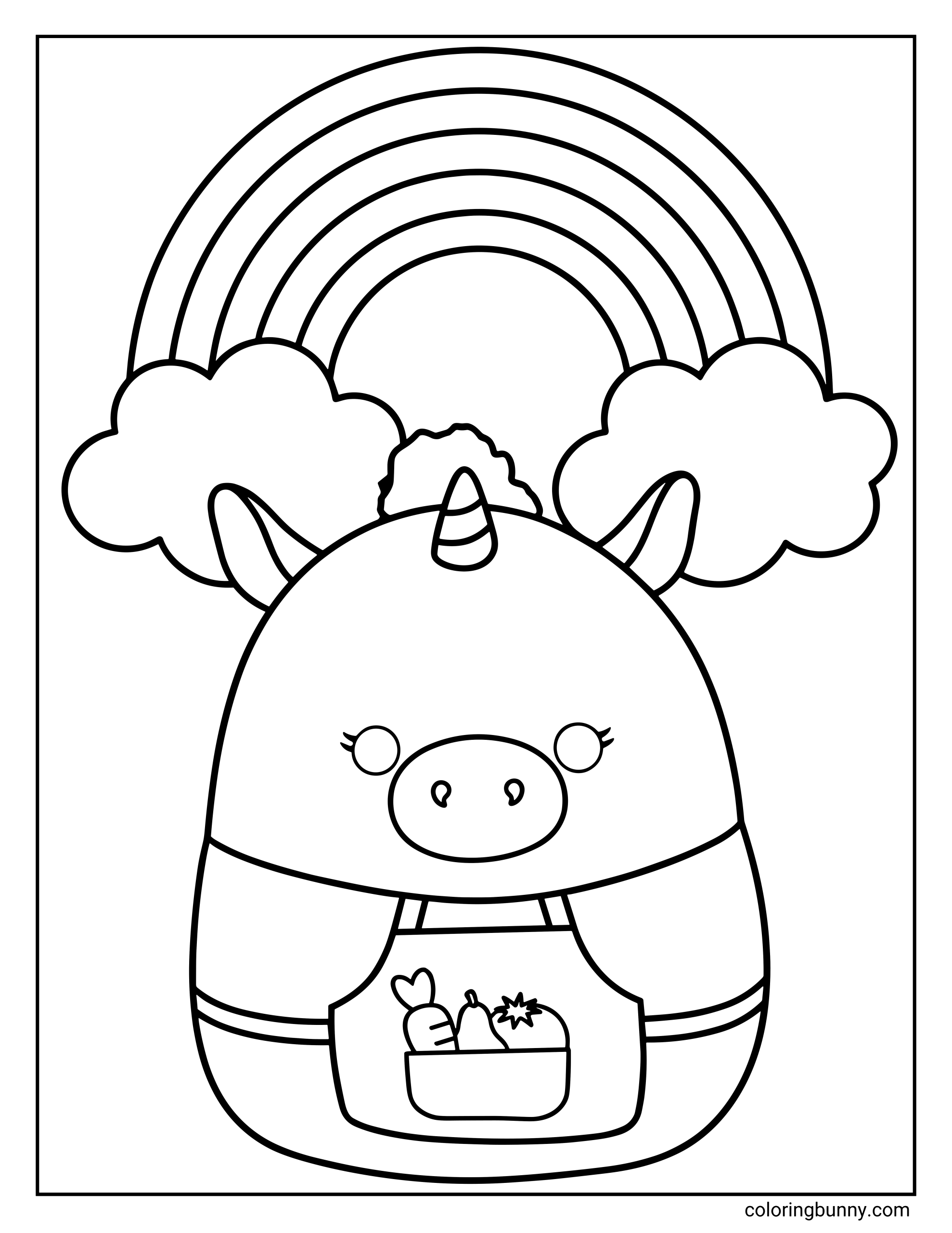 A simple Squishmallows coloring page of Esmeralda the Unicorn standing beneath a large rainbow with fluffy clouds on each side. She has a small unicorn horn, rounded ears, long eyelashes, and is wearing an apron filled with vegetables, giving the scene a cheerful, wholesome, and playful feel.