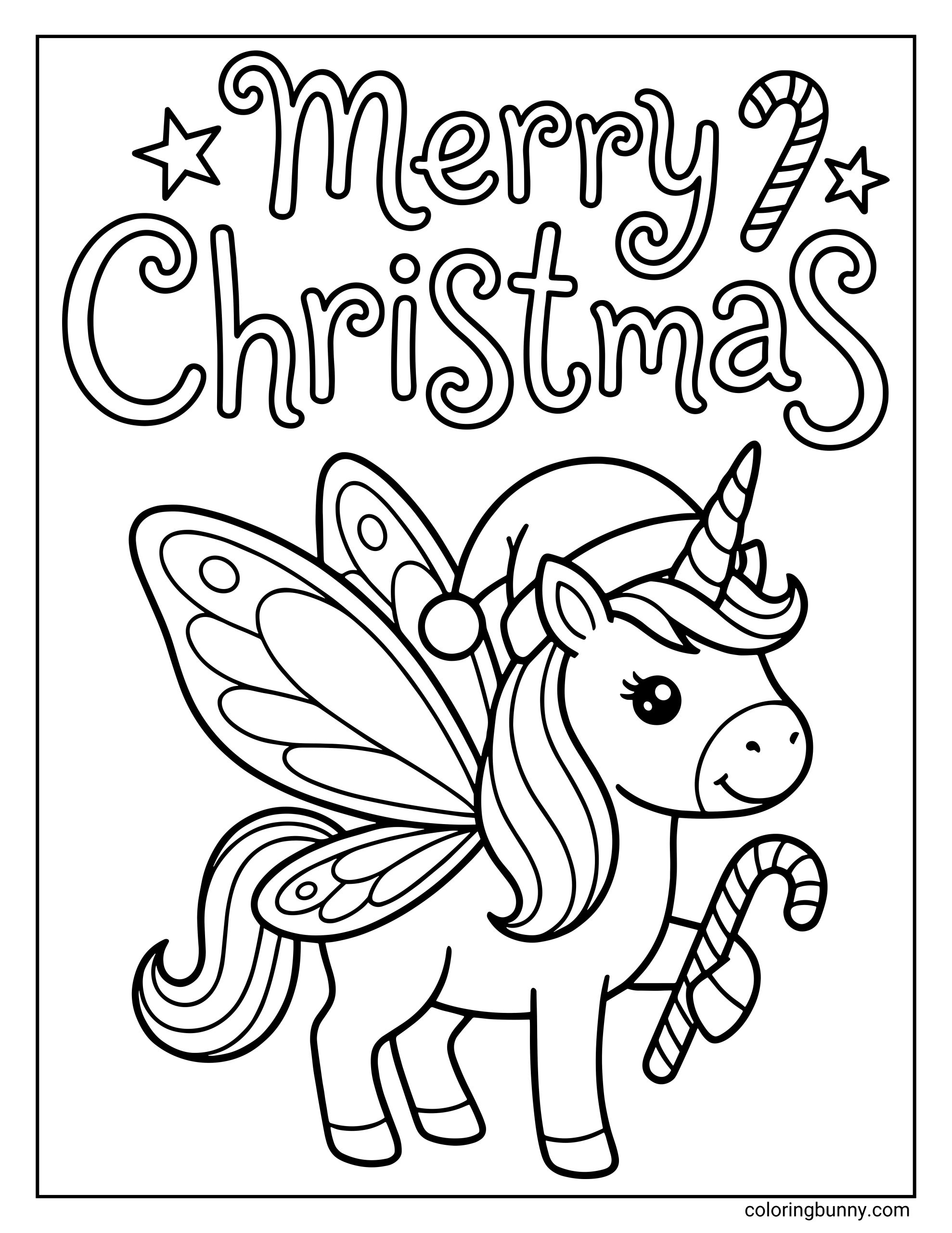 A Unicorn Christmas coloring page featuring a cute fairy unicorn with butterfly wings, a Santa hat, and a candy cane, under a “Merry Christmas” heading.