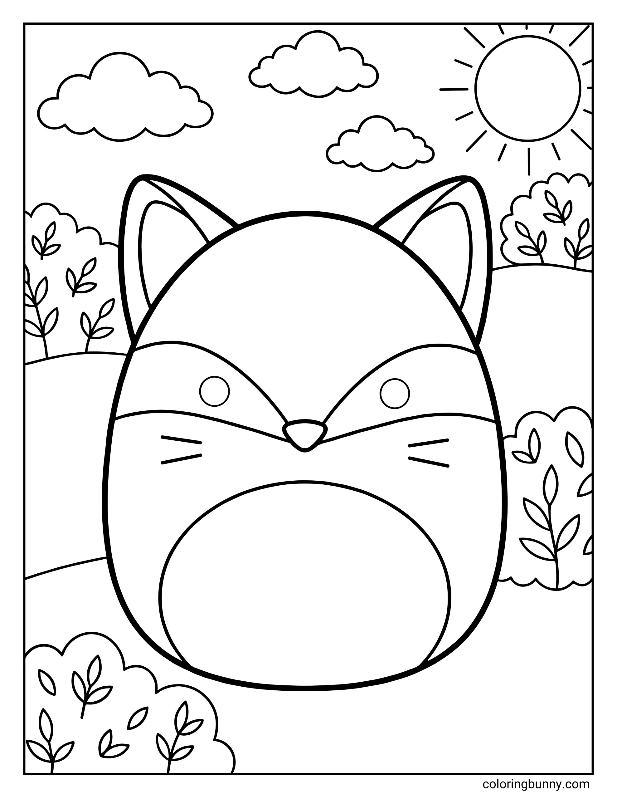 A Squishmallow coloring page of Fifi the Fox, shown front-facing with her signature pointed fox ears, small rounded eyes, and a large fluffy belly. She is sitting outdoors in a gentle countryside scene with rolling hills, leafy bushes, clouds drifting across the sky, and a bright sun in the corner, creating a calm, nature-filled background.