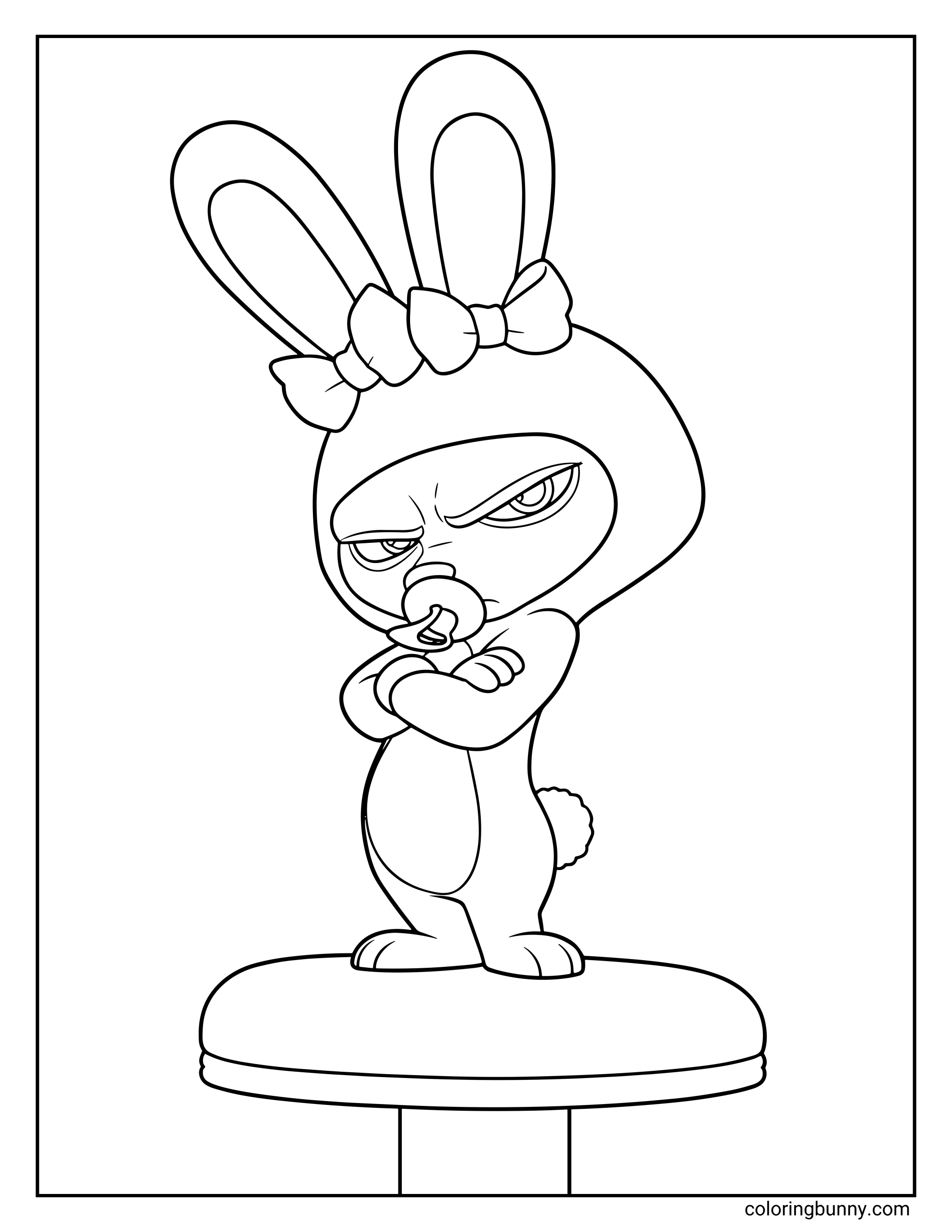 A Zootopia 2 coloring page of Finnick standing on a round pedestal with his arms crossed and an annoyed, narrow-eyed glare. He’s dressed in his trademark oversized baby costume: a hood with tall bunny ears and two large bows across the top, along with a fluffy tail attached to the suit. His posture is stiff and unimpressed, as if he’s being forced into another undercover disguise for a Zootopia 2 operation he definitely did not sign up for.