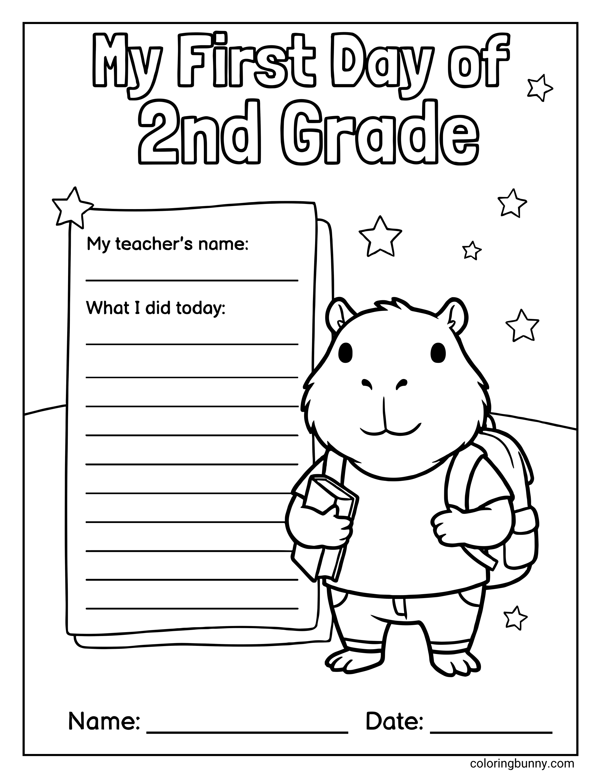A back to school coloring page featuring the title “My First Day of 2nd Grade” at the top. Below, a friendly animal Capybara character wearing a backpack holds books beside a lined worksheet with prompts for “My teacher’s name” and “What I did today,” along with fill-in lines for name and date.